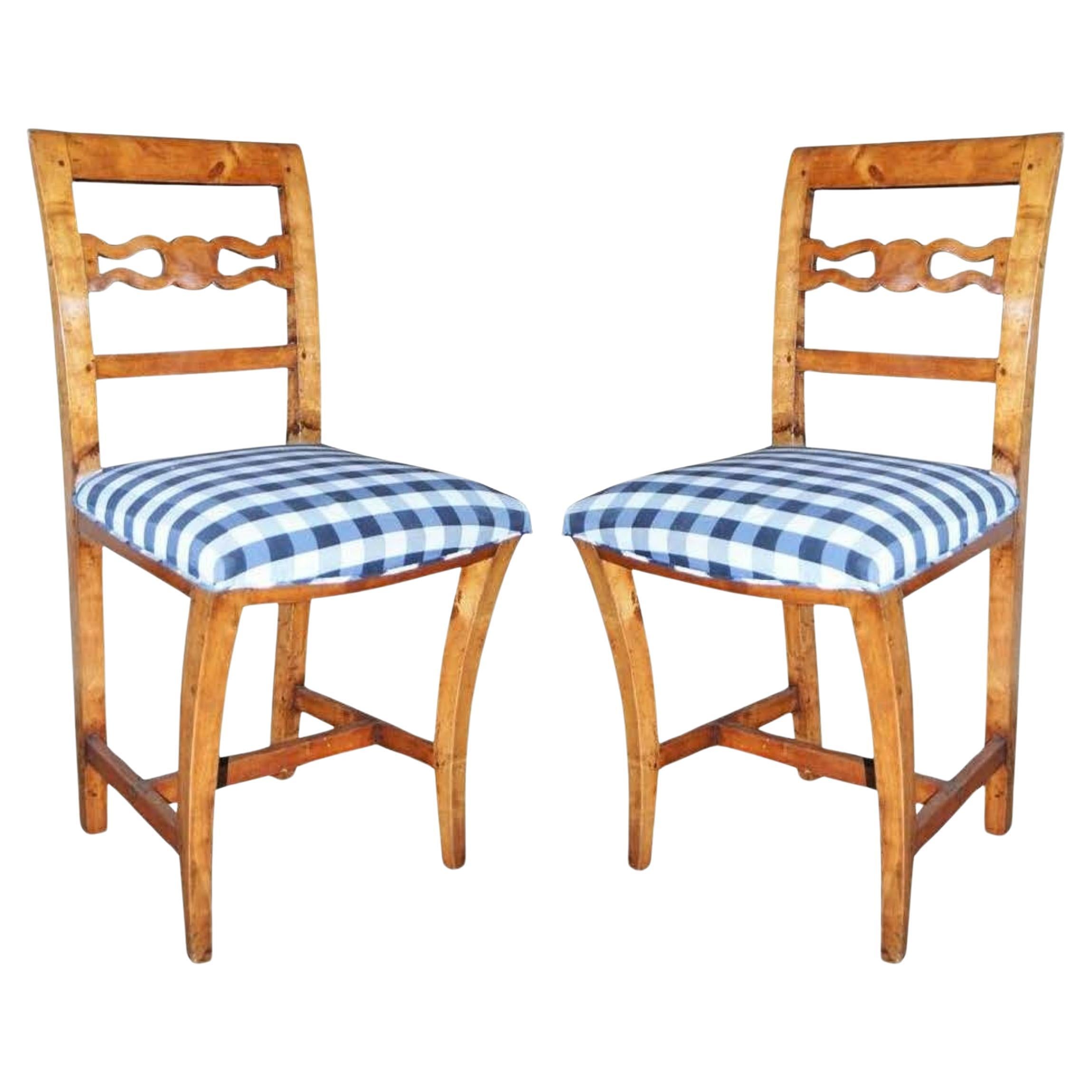 Pair 19th C. Antique Swedish Hand Carved Fruit Wood Hallway Side Chairs Rustic