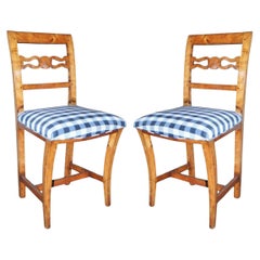 Pair 19th C. Antique Swedish Hand Carved Fruit Wood Hallway Side Chairs Rustic