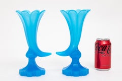Pair 19th C. Blue Opaline Baccarat Crystal Cornucopia Shape Footed Fluted Vases