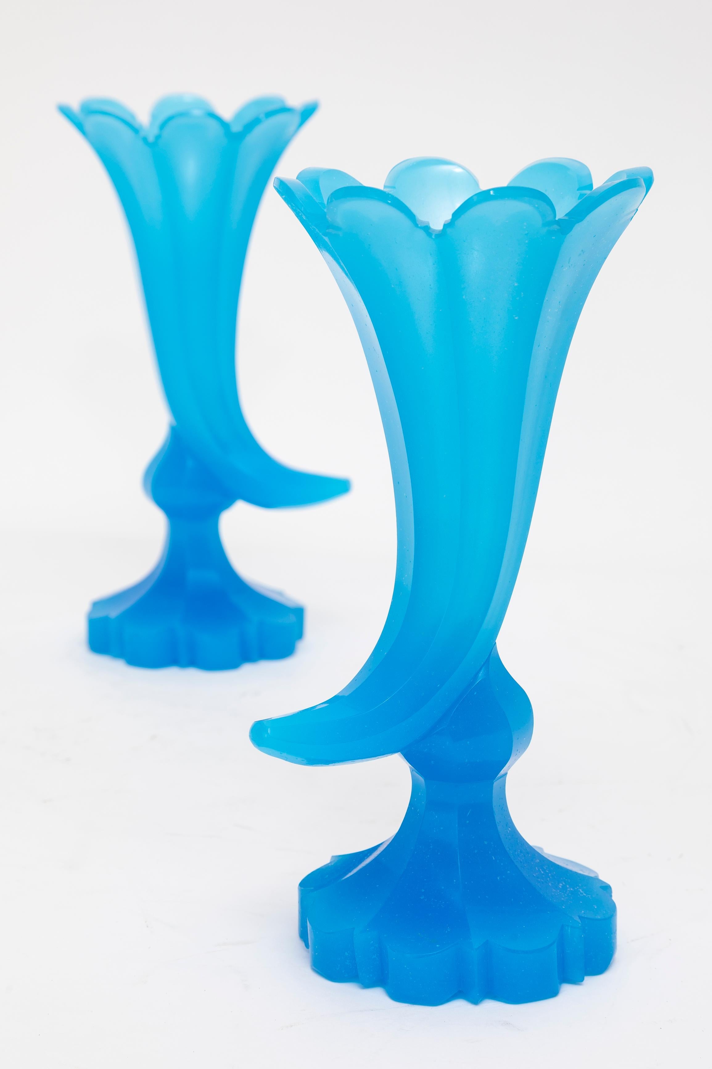 Hand-Crafted Pair 19th C. Blue Opaline Baccarat Crystal Cornucopia Shape Footed Fluted Vases For Sale