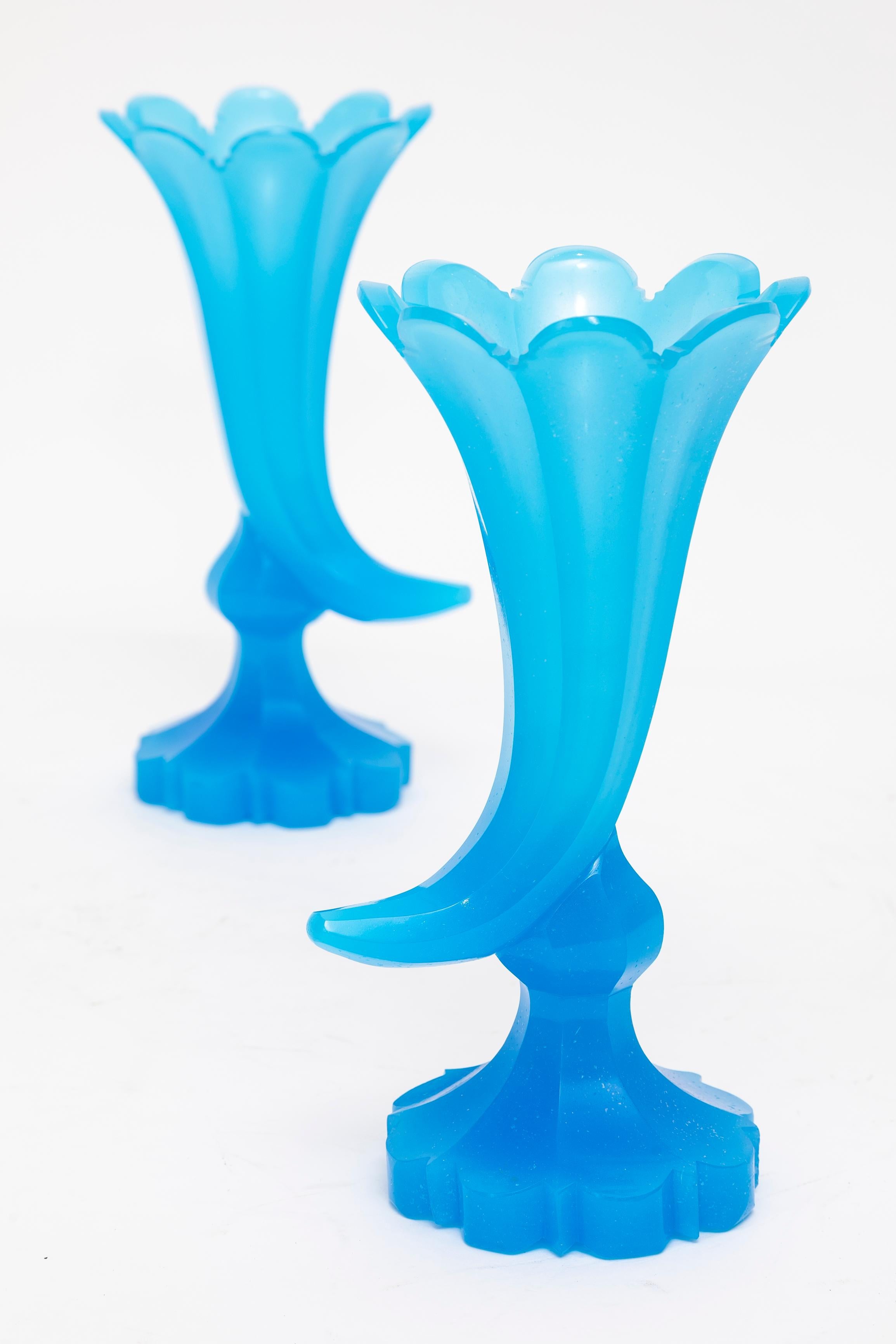 Pair 19th C. Blue Opaline Baccarat Crystal Cornucopia Shape Footed Fluted Vases In Good Condition For Sale In New York, NY