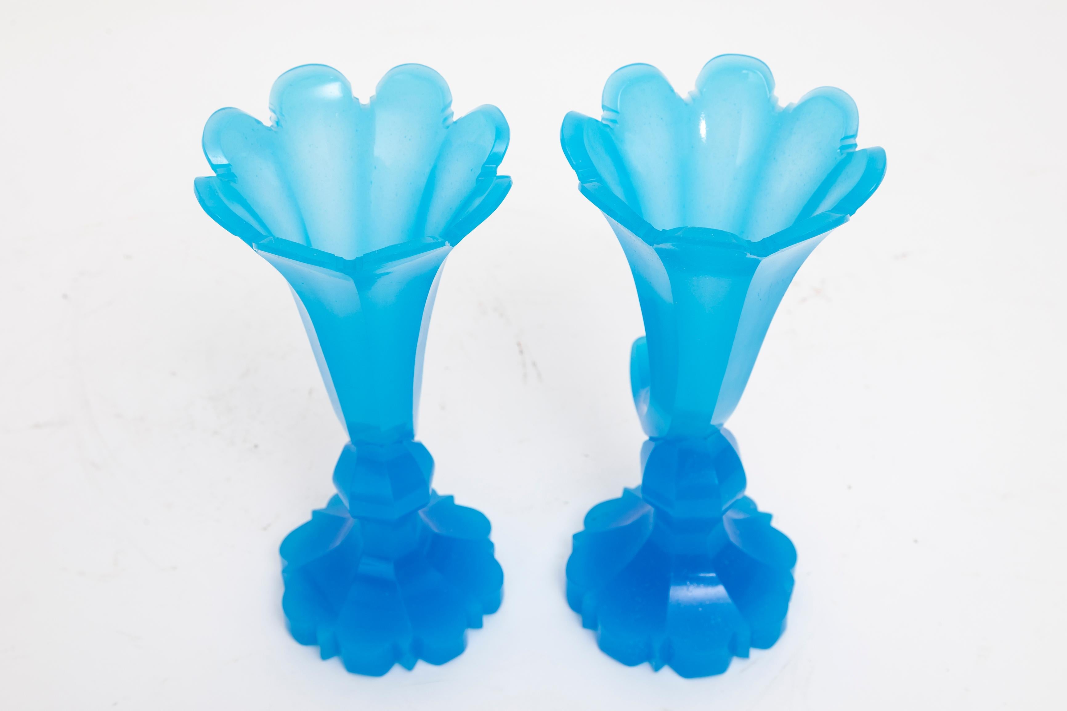 Late 19th Century Pair 19th C. Blue Opaline Baccarat Crystal Cornucopia Shape Footed Fluted Vases For Sale