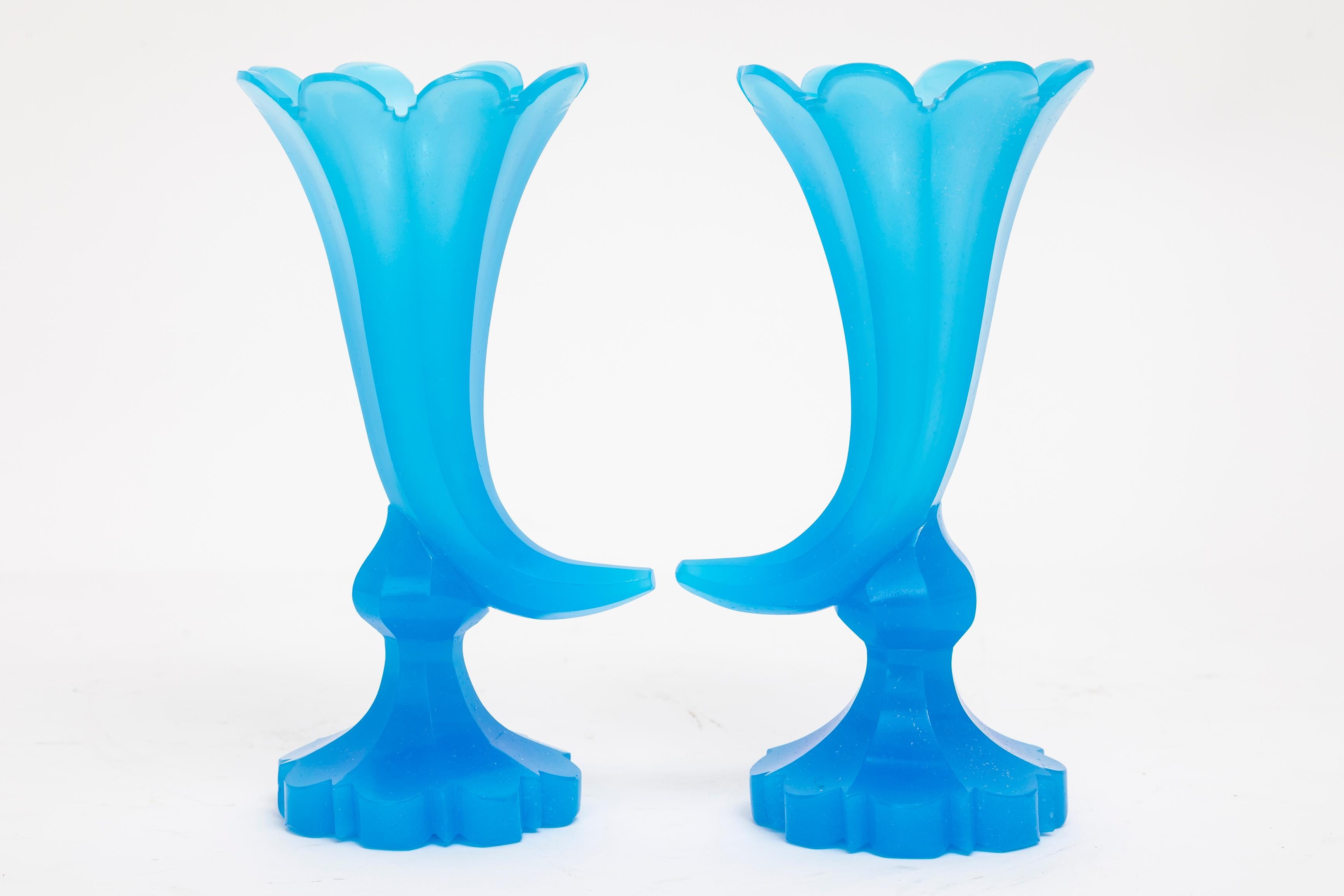 Pair 19th C. Blue Opaline Baccarat Crystal Cornucopia Shape Footed Fluted Vases For Sale 1