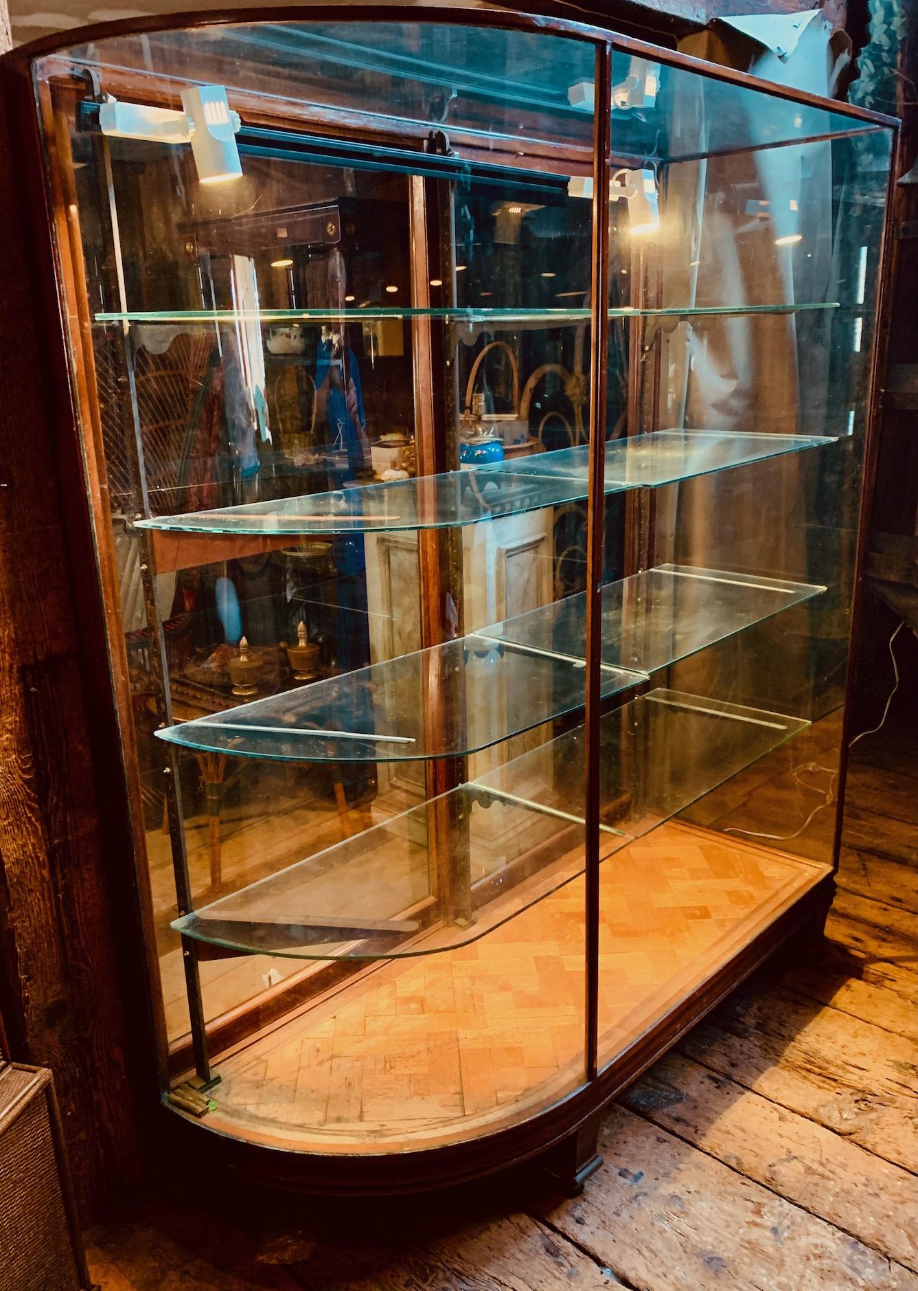 Pair 19th C Bow Glass Sided Display Cabinets from an Upscale Boston Fashion Shop For Sale 3