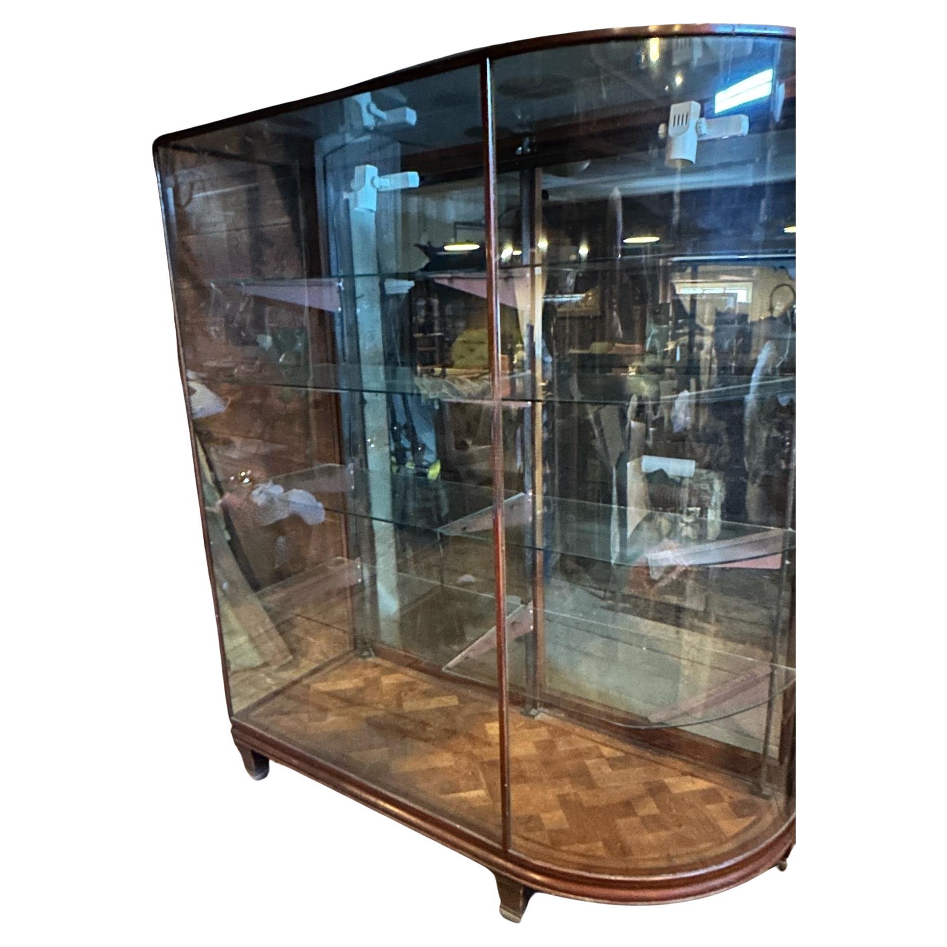 American Classical Pair 19th C Bow Glass Sided Display Cabinets from an Upscale Boston Fashion Shop For Sale