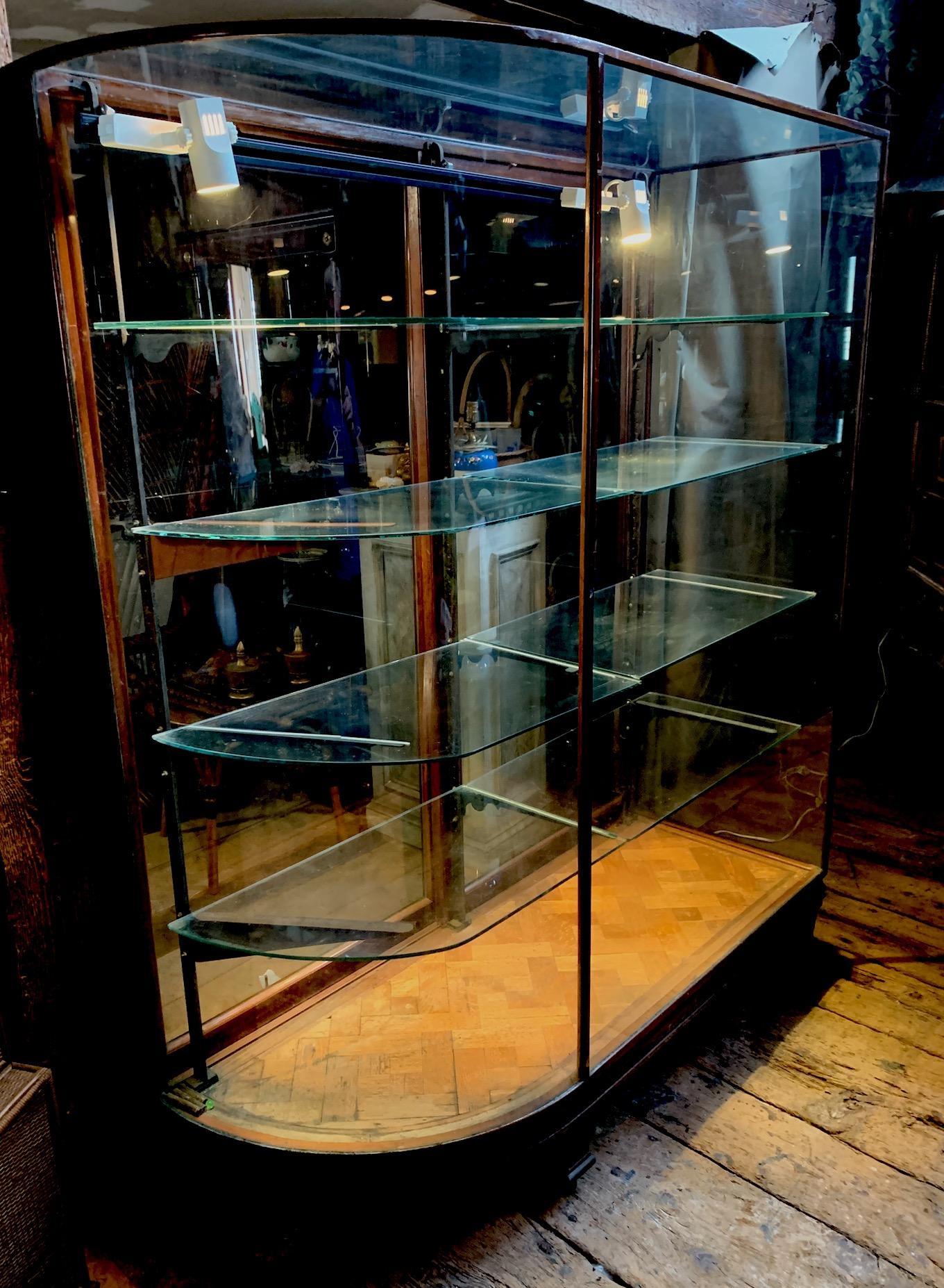 American Pair 19th C Bow Glass Sided Display Cabinets from an Upscale Boston Fashion Shop