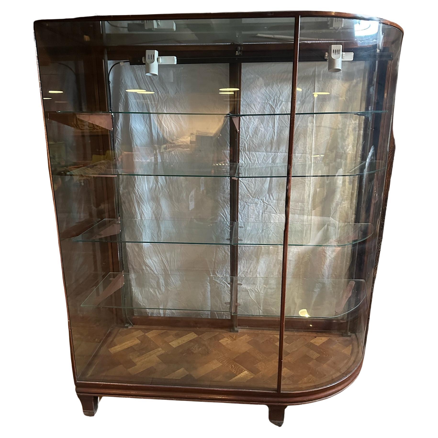Pair 19th C Bow Glass Sided Display Cabinets from an Upscale Boston Fashion Shop In Good Condition For Sale In Nashua, NH