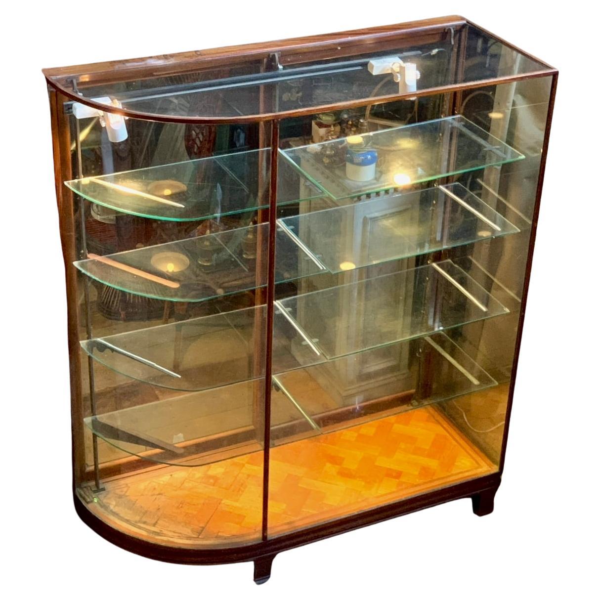 Pair 19th C Bow Glass Sided Display Cabinets from an Upscale Boston Fashion Shop For Sale