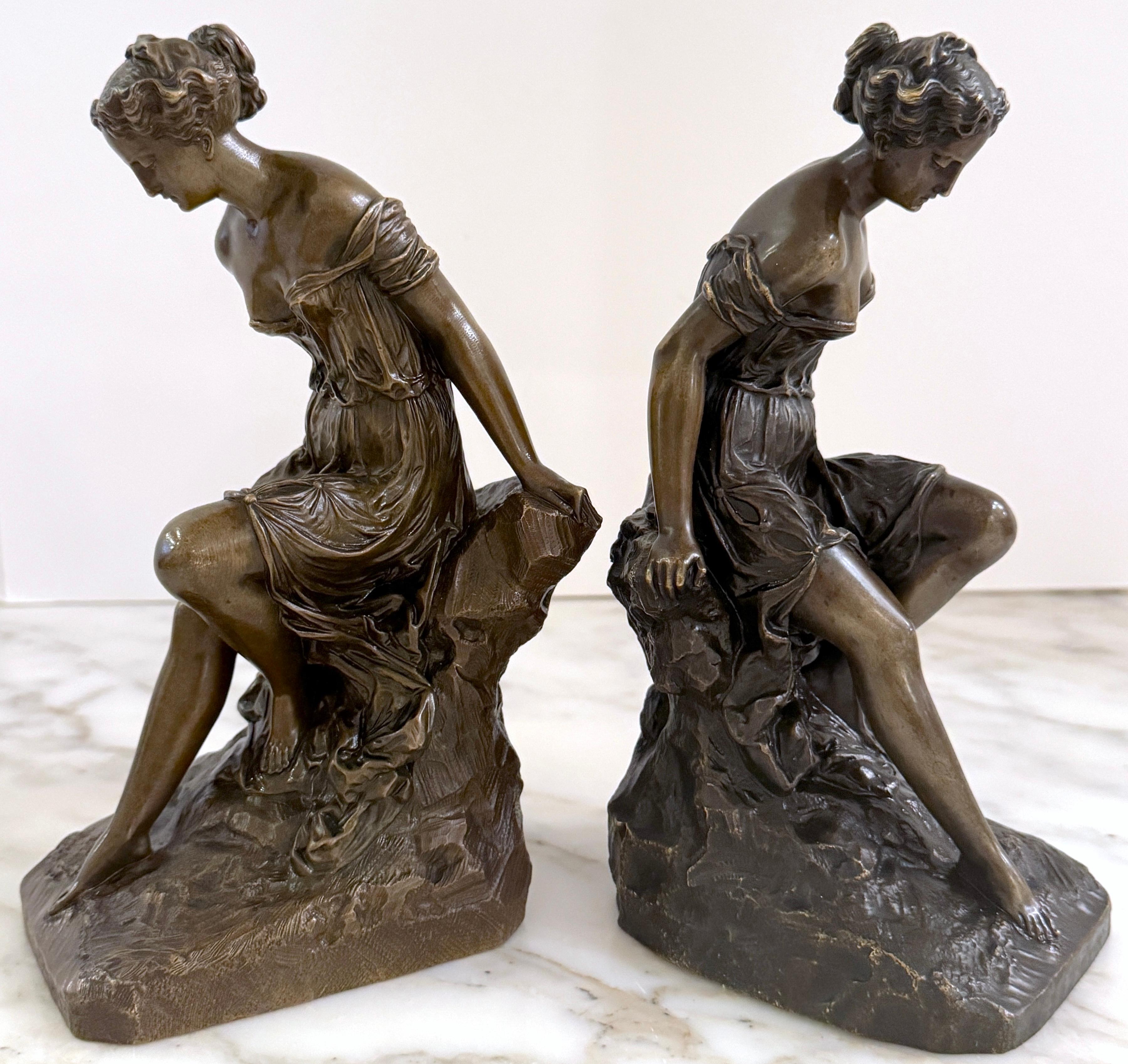 French Pair 19th C. Bronze Clodion School Bathing Beauty Bookends/ Sculptures For Sale
