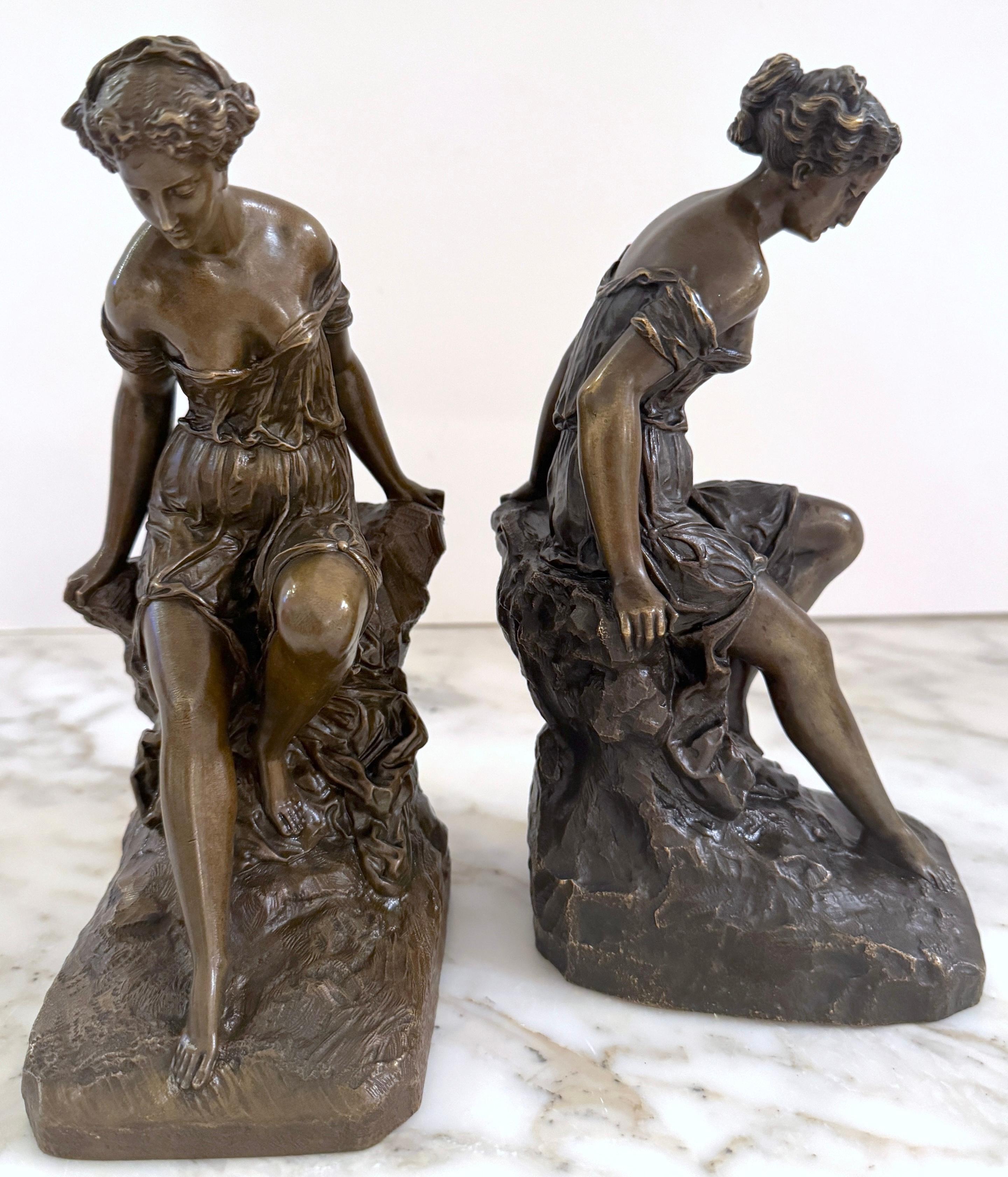 Cast Pair 19th C. Bronze Clodion School Bathing Beauty Bookends/ Sculptures For Sale