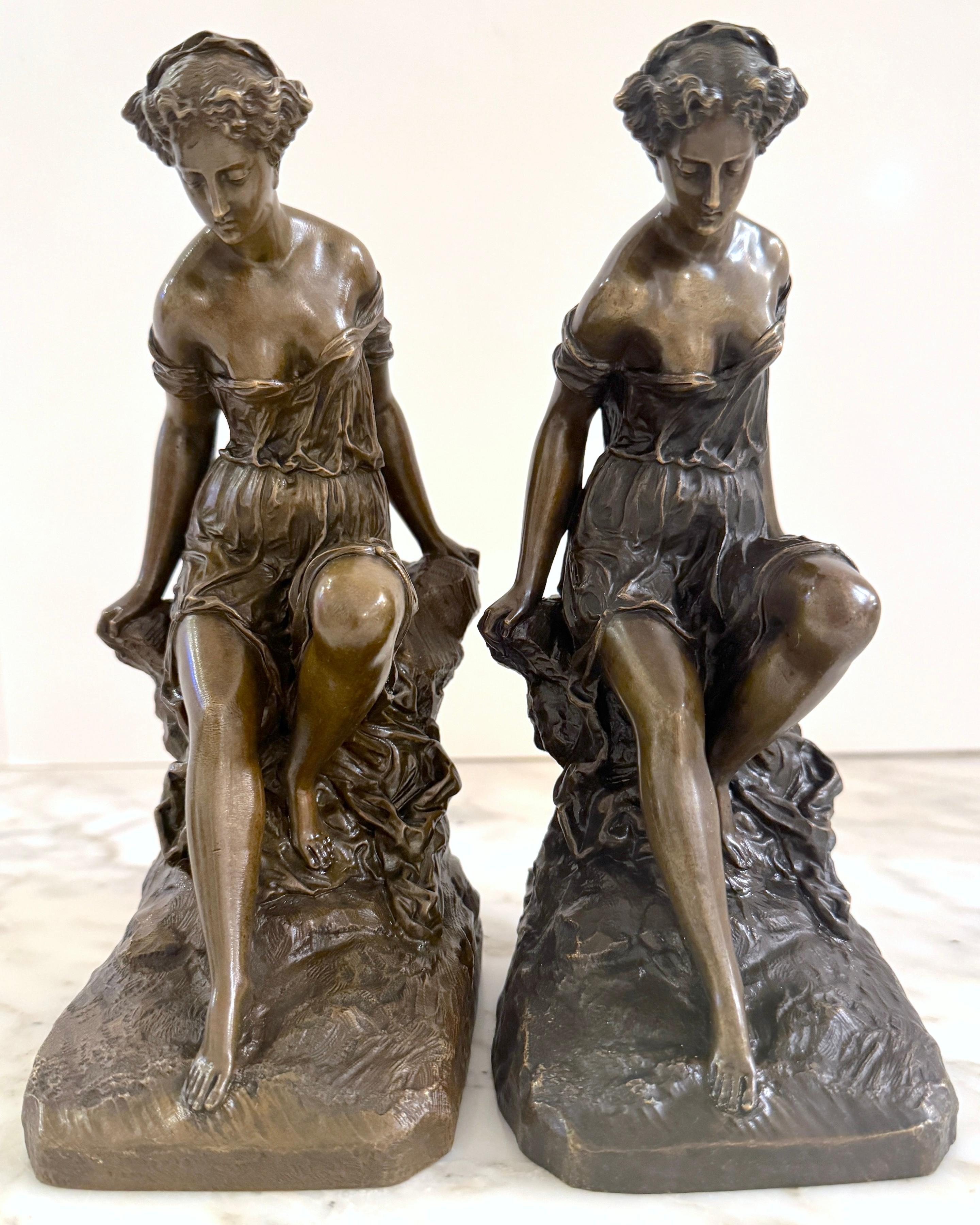 19th Century Pair 19th C. Bronze Clodion School Bathing Beauty Bookends/ Sculptures For Sale