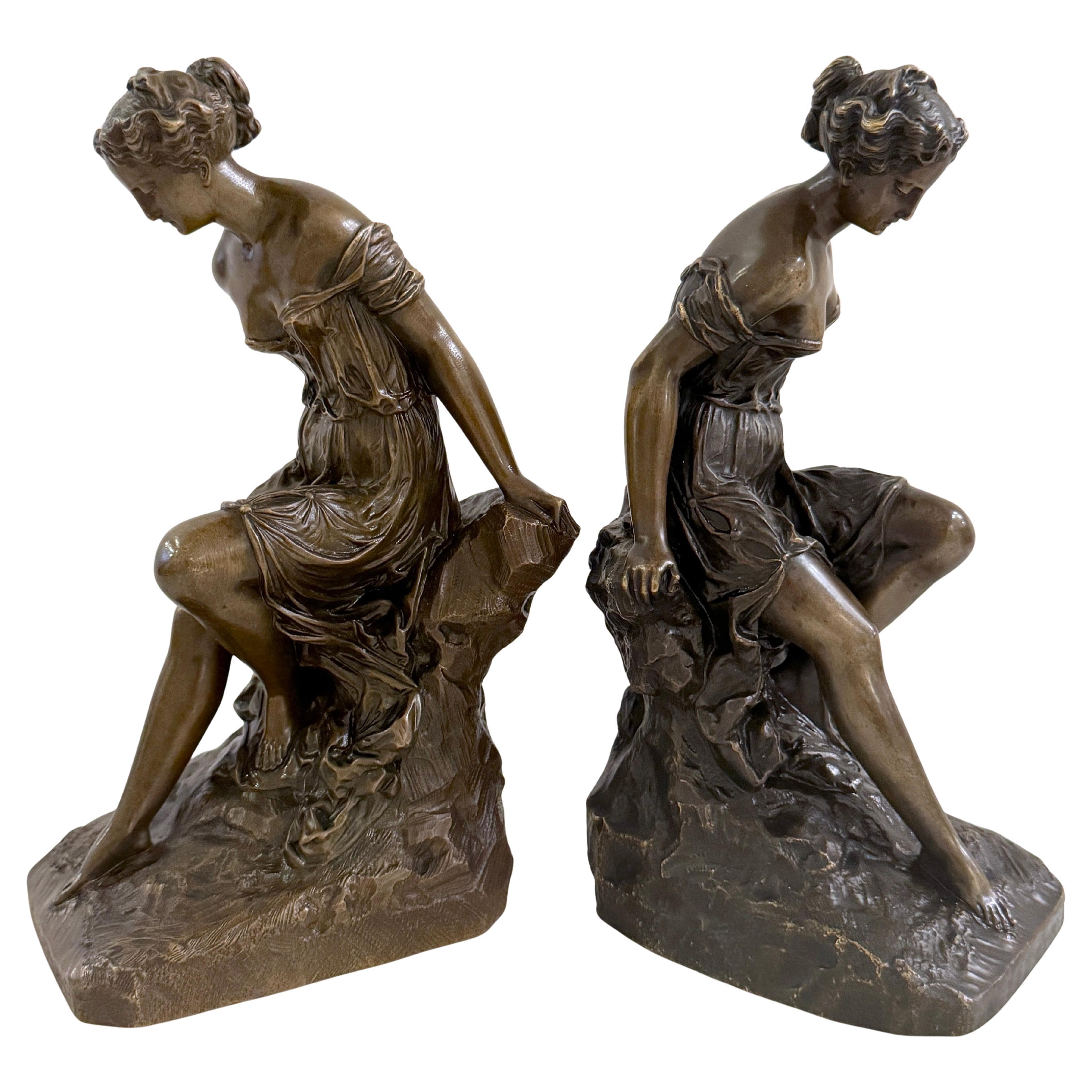 Pair 19th C. Bronze Clodion School Bathing Beauty Bookends/ Sculptures For Sale