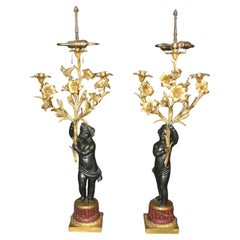 Antique Pair 19th C Bronze Dore' Cherubs Table Lamps Candelabra Manner Henry Dasson