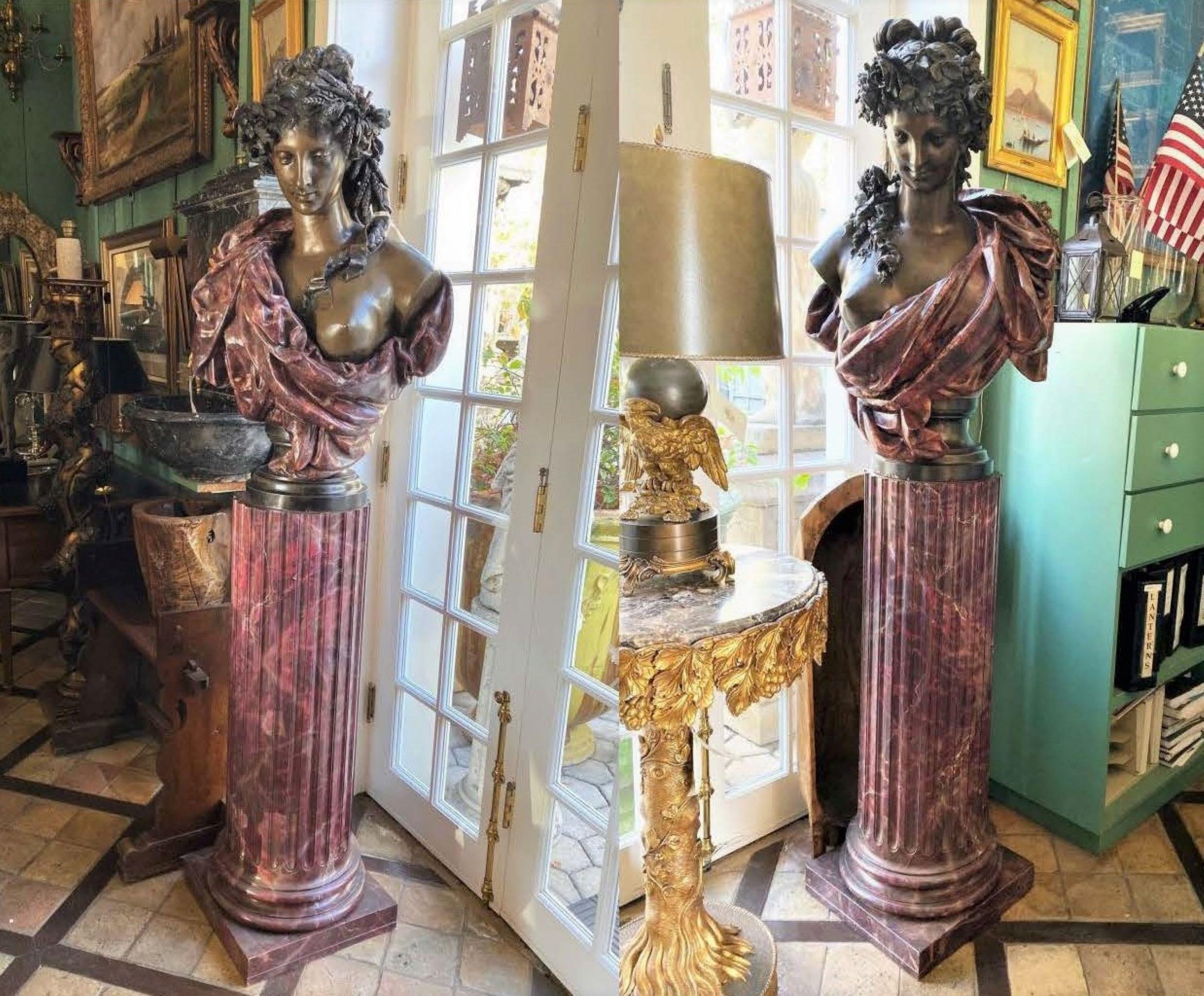 Pair Bust Depicting Summer & Spring Sculptures Statues on Pedestals LA Antiques For Sale 3