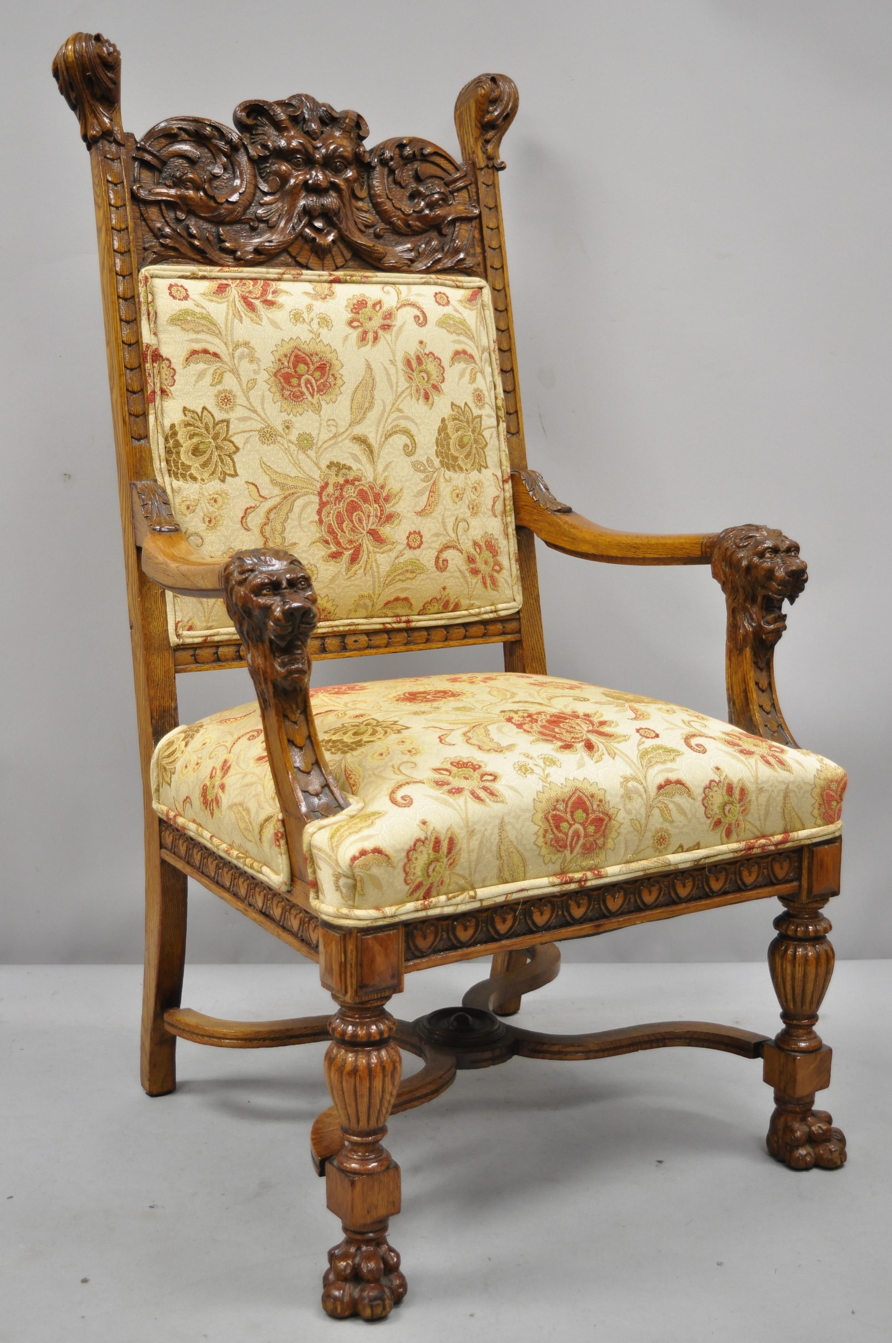 Upholstery Pair of Carved Oak Northwind Face and Lion Head Armchairs RJ Horner Attributed
