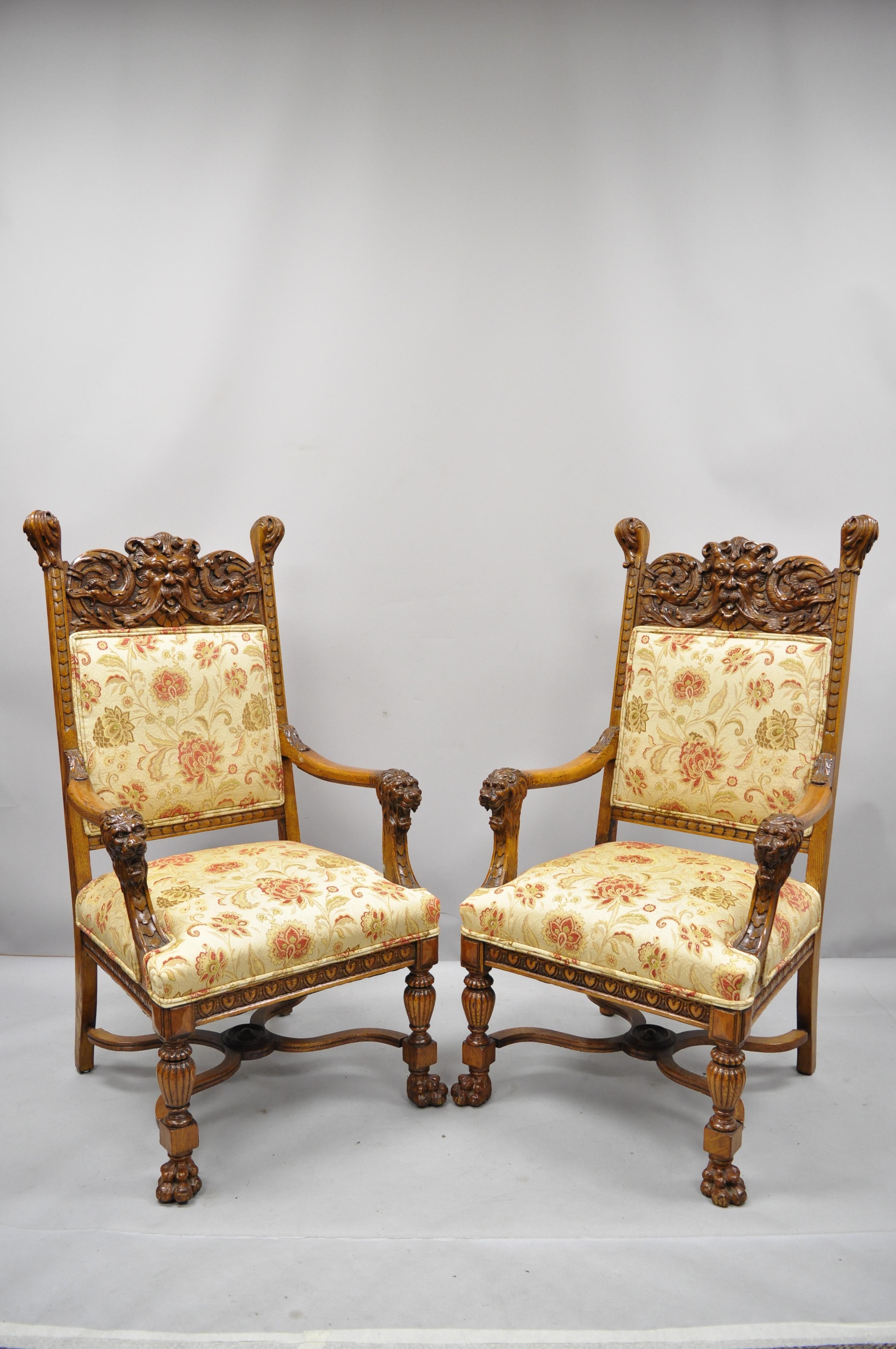 Pair of Carved Oak Northwind Face and Lion Head Armchairs RJ Horner Attributed 2