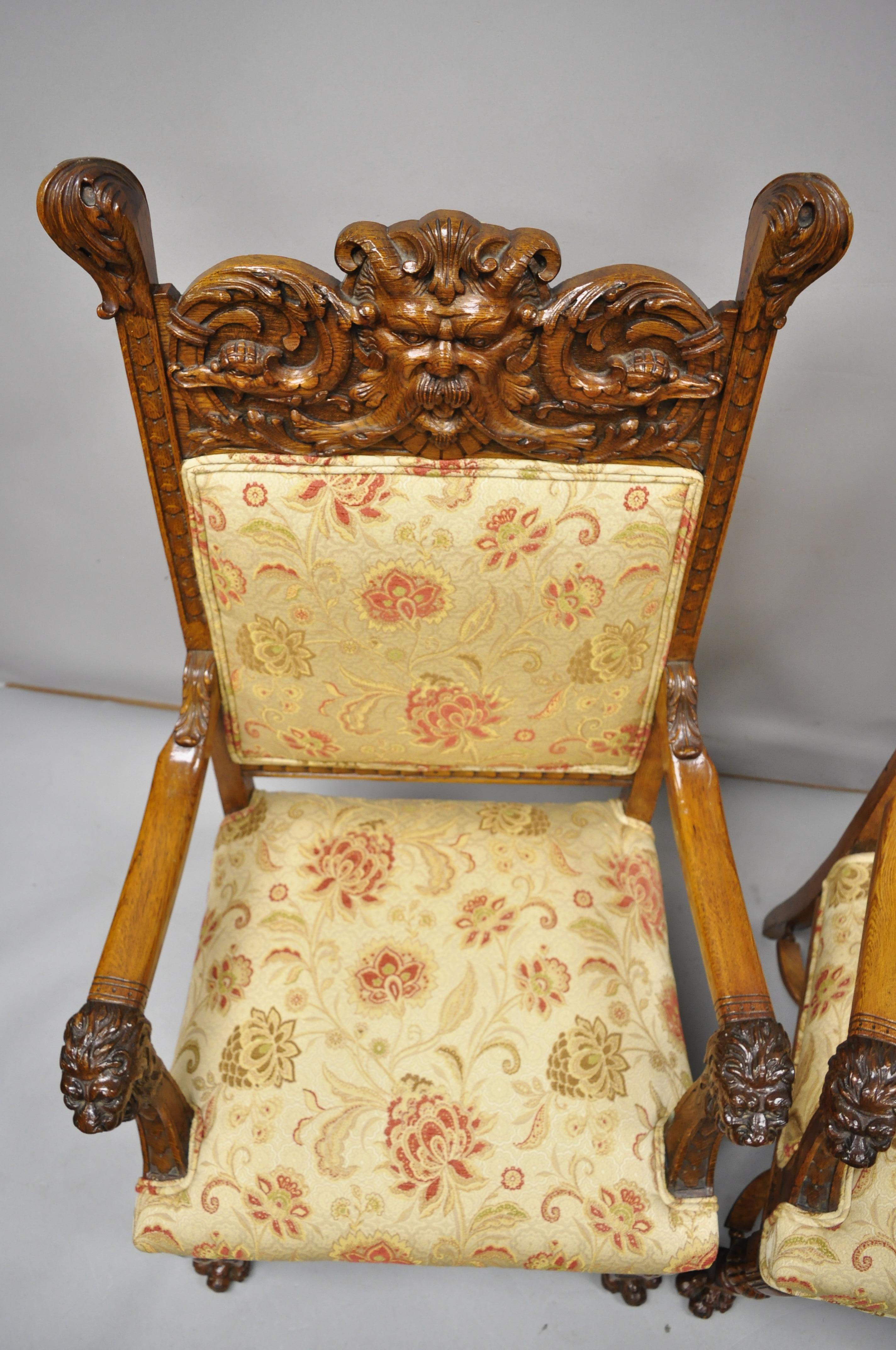 American Pair of Carved Oak Northwind Face and Lion Head Armchairs RJ Horner Attributed