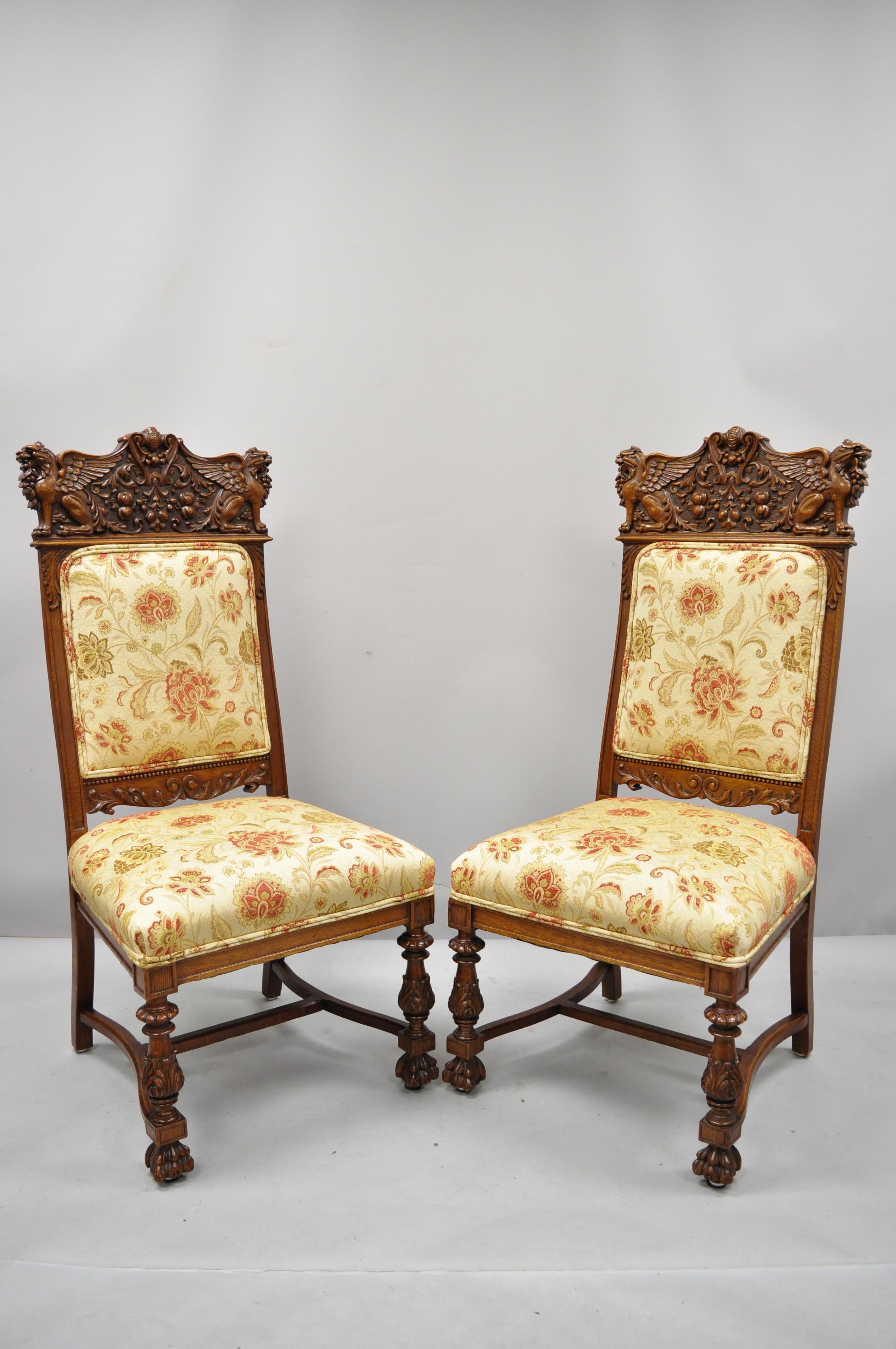 Pair of Carved Oak Winged Griffin Paw Foot Dining Chairs Attributed RJ Horner For Sale 5