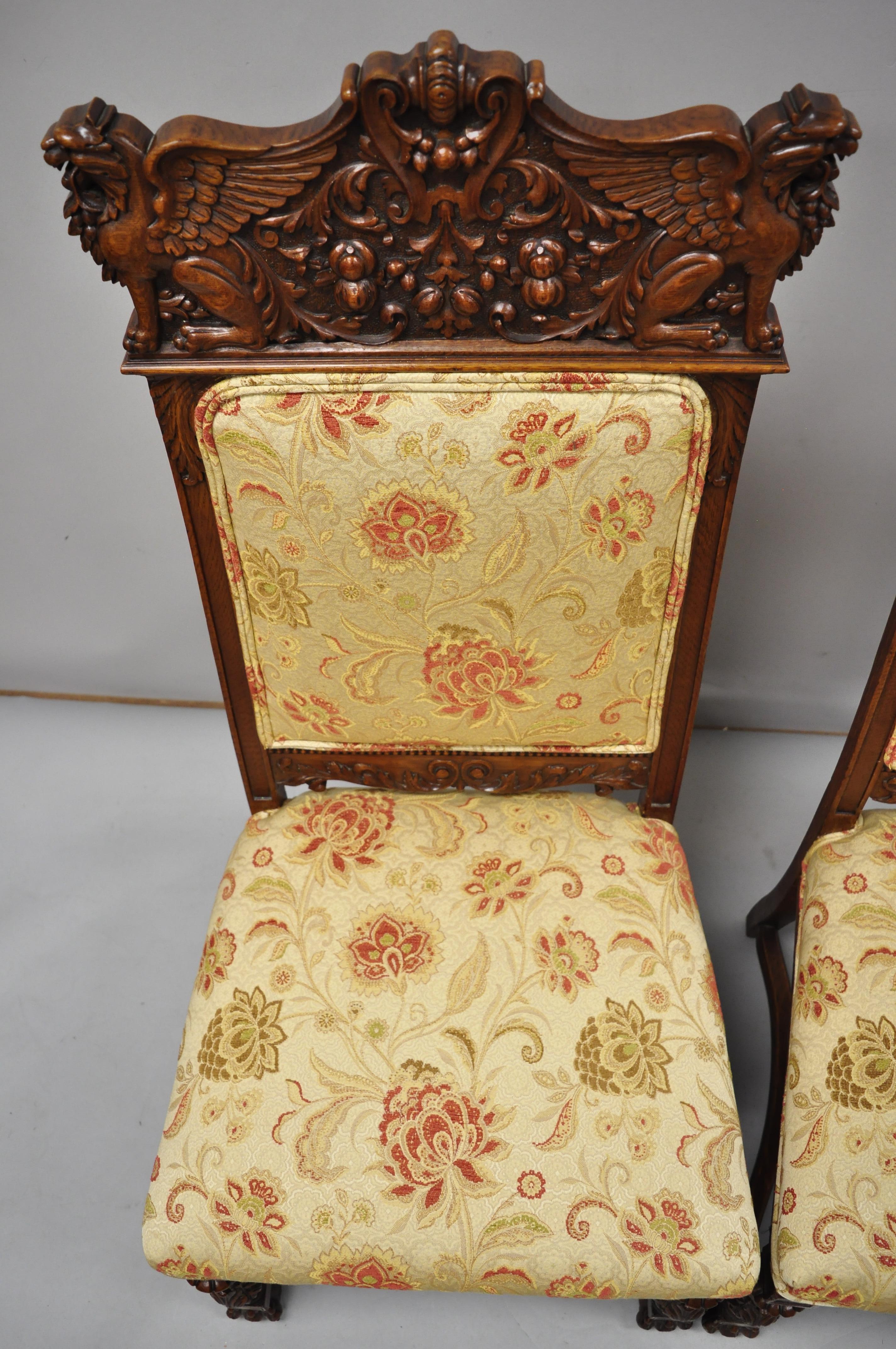 Victorian Pair of Carved Oak Winged Griffin Paw Foot Dining Chairs Attributed RJ Horner For Sale