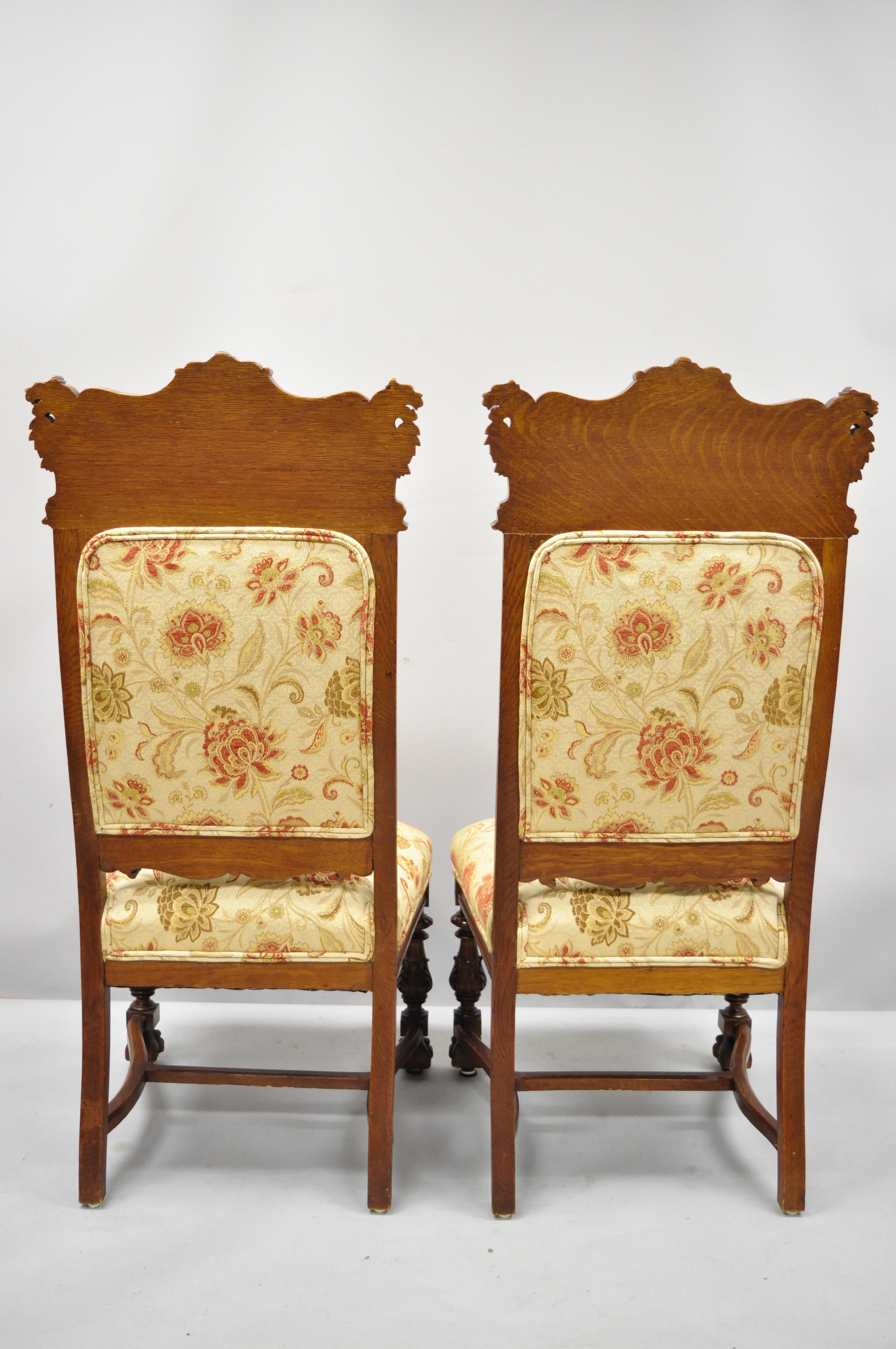 Pair of Carved Oak Winged Griffin Paw Foot Dining Chairs Attributed RJ Horner For Sale 1