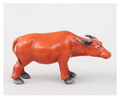 Pair 19th c. Chinese Export Porcelain Water Buffalo or Oxen in Coral Red Glaze