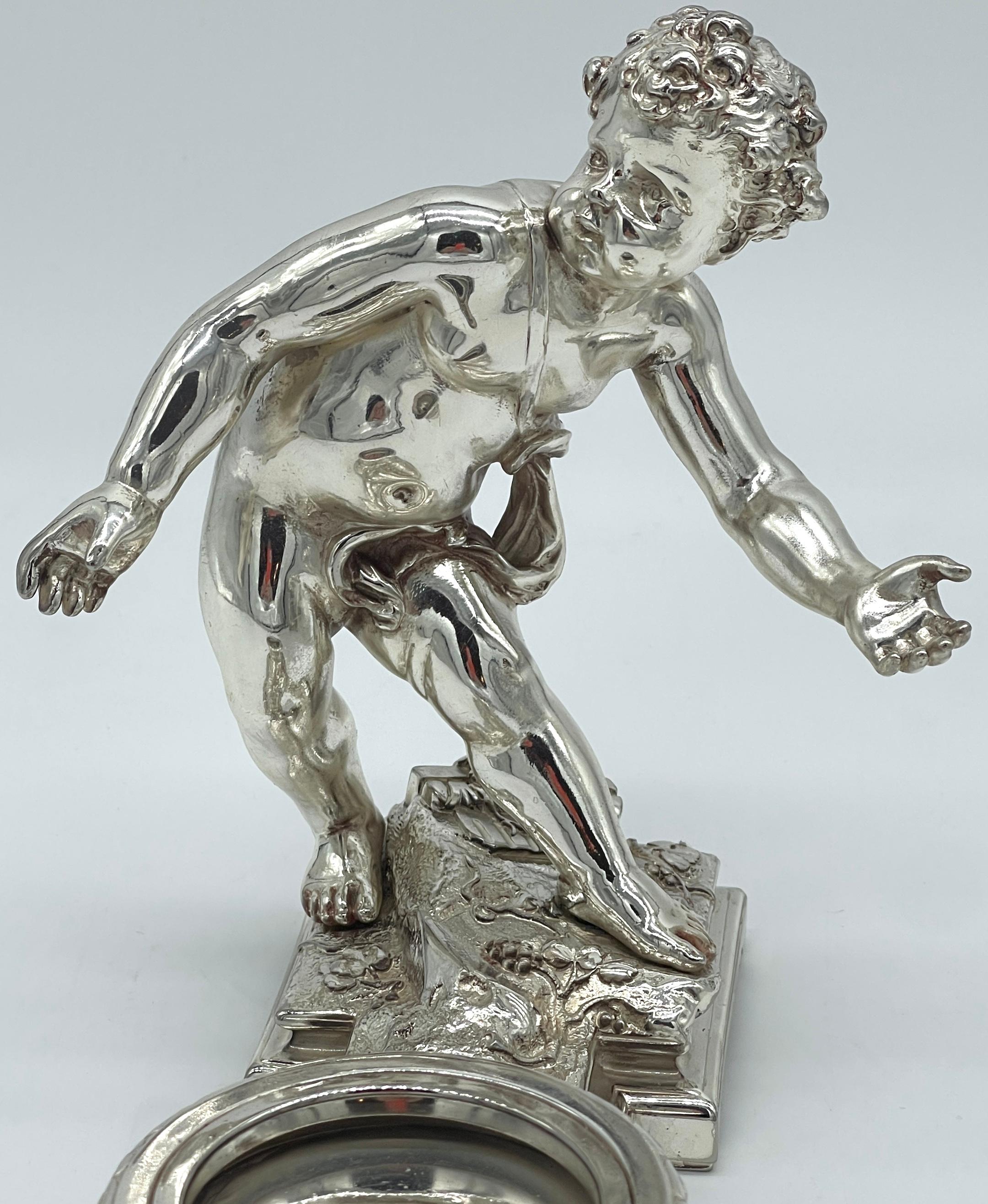 Pair 19th C. Christofle Silvered Bronze Putti  & Crystal Centerpieces For Sale 4