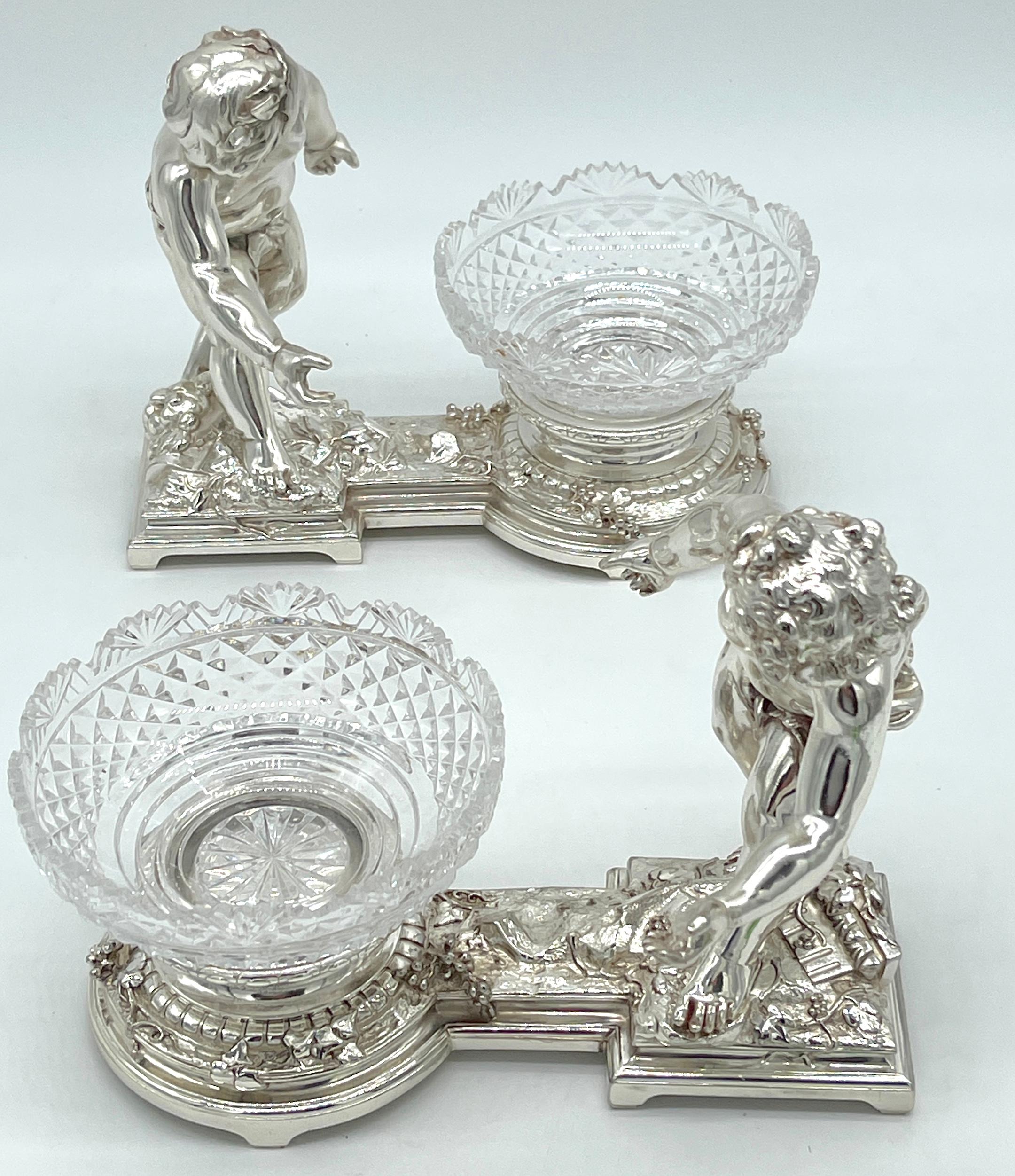 Napoleon III Pair 19th C. Christofle Silvered Bronze Putti  & Crystal Centerpieces For Sale
