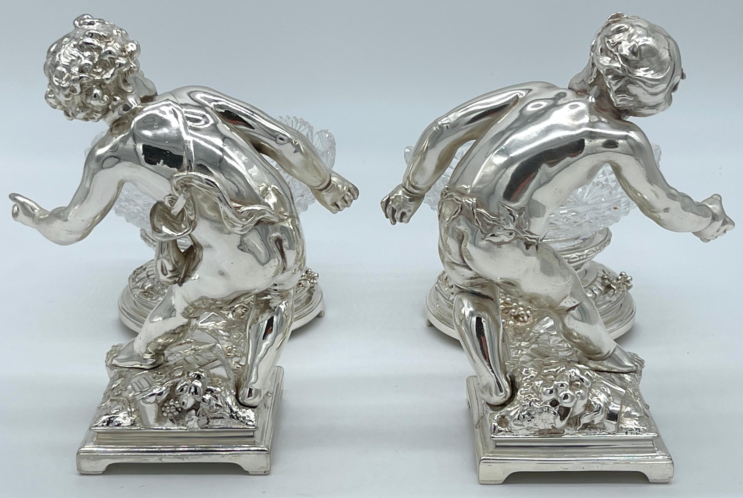 French Pair 19th C. Christofle Silvered Bronze Putti  & Crystal Centerpieces For Sale