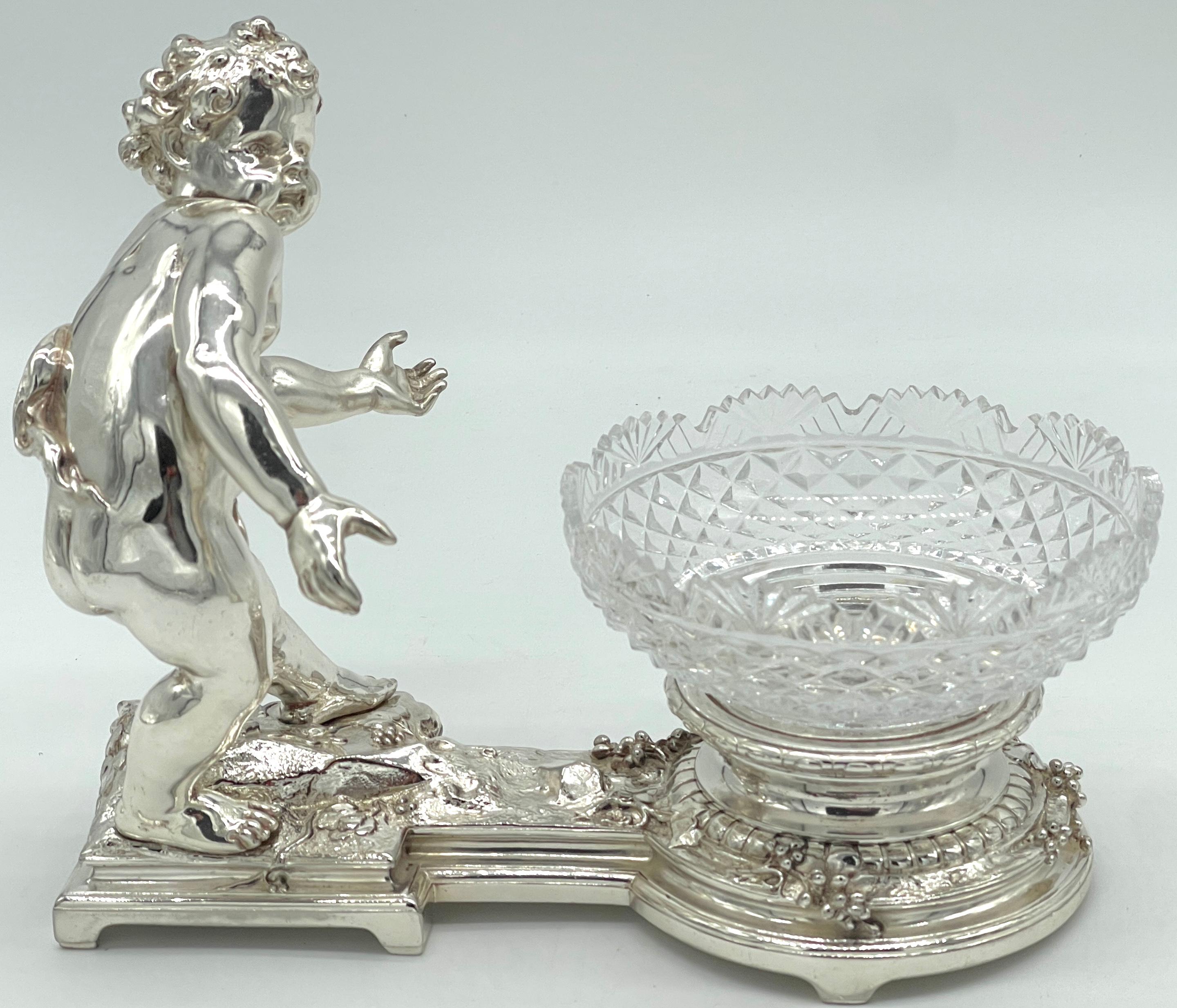 Pair 19th C. Christofle Silvered Bronze Putti  & Crystal Centerpieces In Good Condition For Sale In West Palm Beach, FL