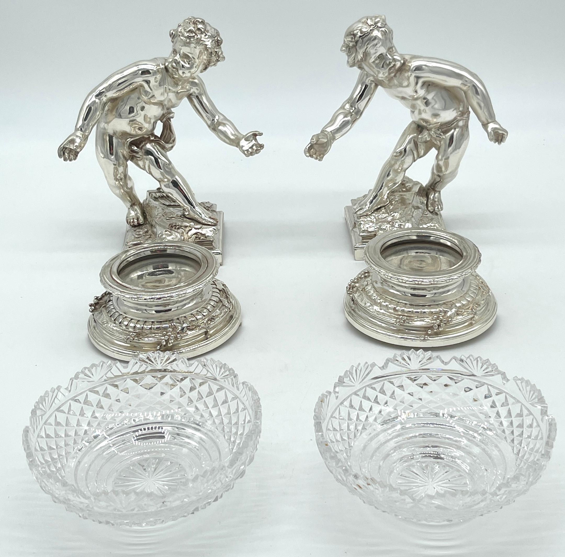 Pair 19th C. Christofle Silvered Bronze Putti  & Crystal Centerpieces For Sale 1