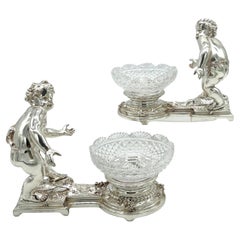 Antique Pair 19th C. Christofle Silvered Bronze Putti  & Crystal Centerpieces