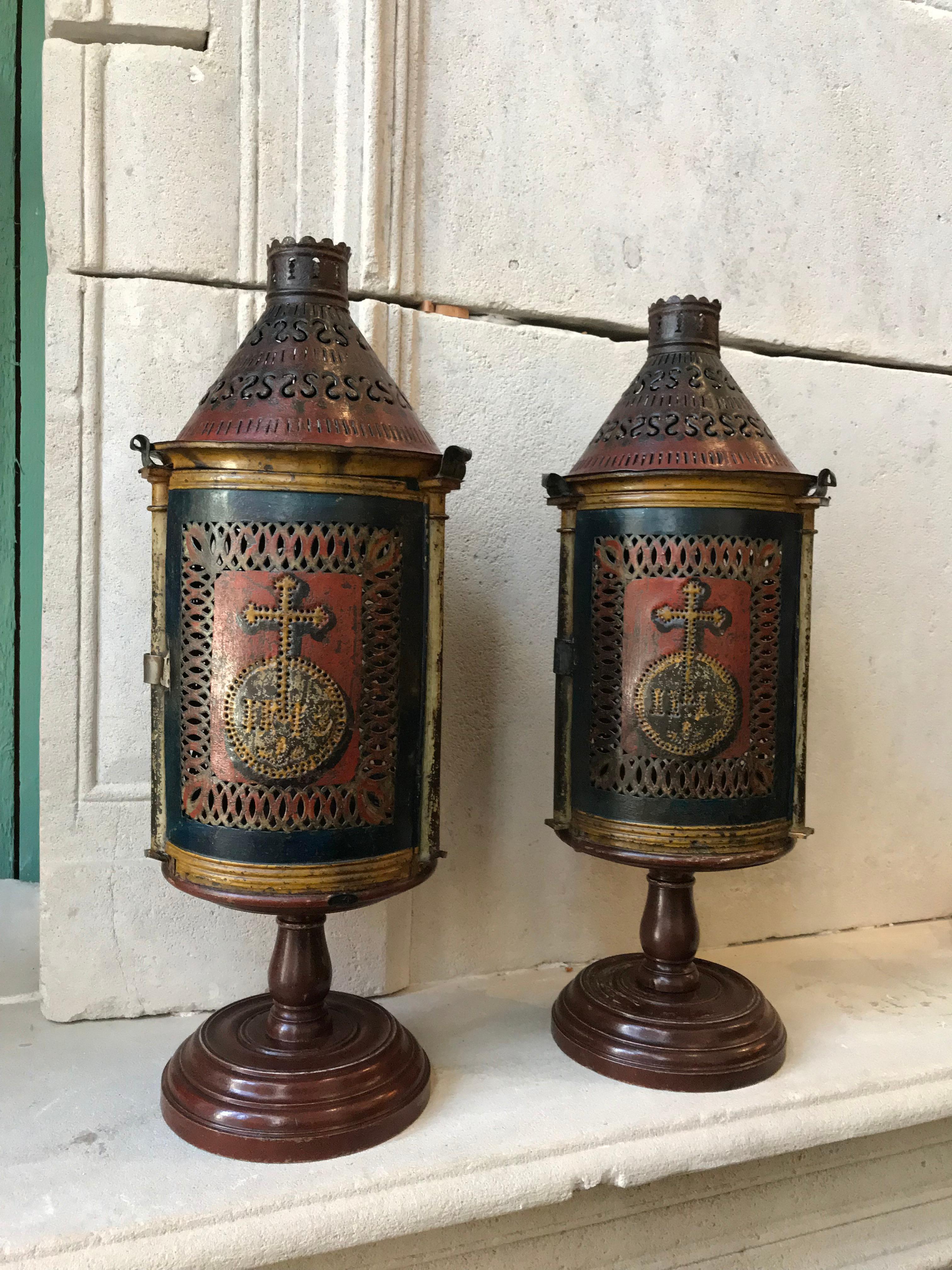 19th Century Pair Continental Central European Candle Lanterns table Lamps Decorative Object For Sale