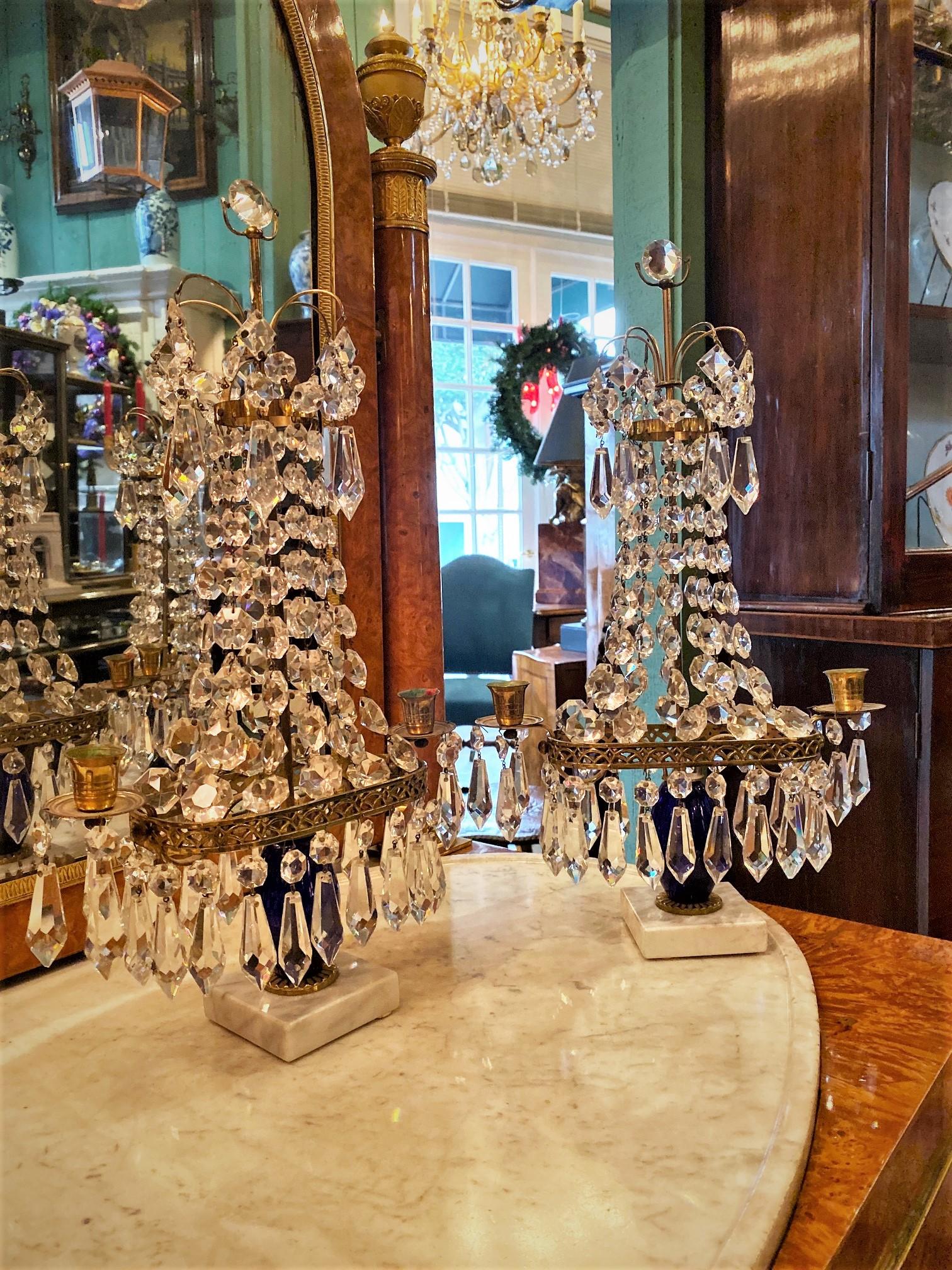 Crystal Cobalt Blue Glass & Gilt Bronze Light Candleholder Girandoles candelabra For Sale 8