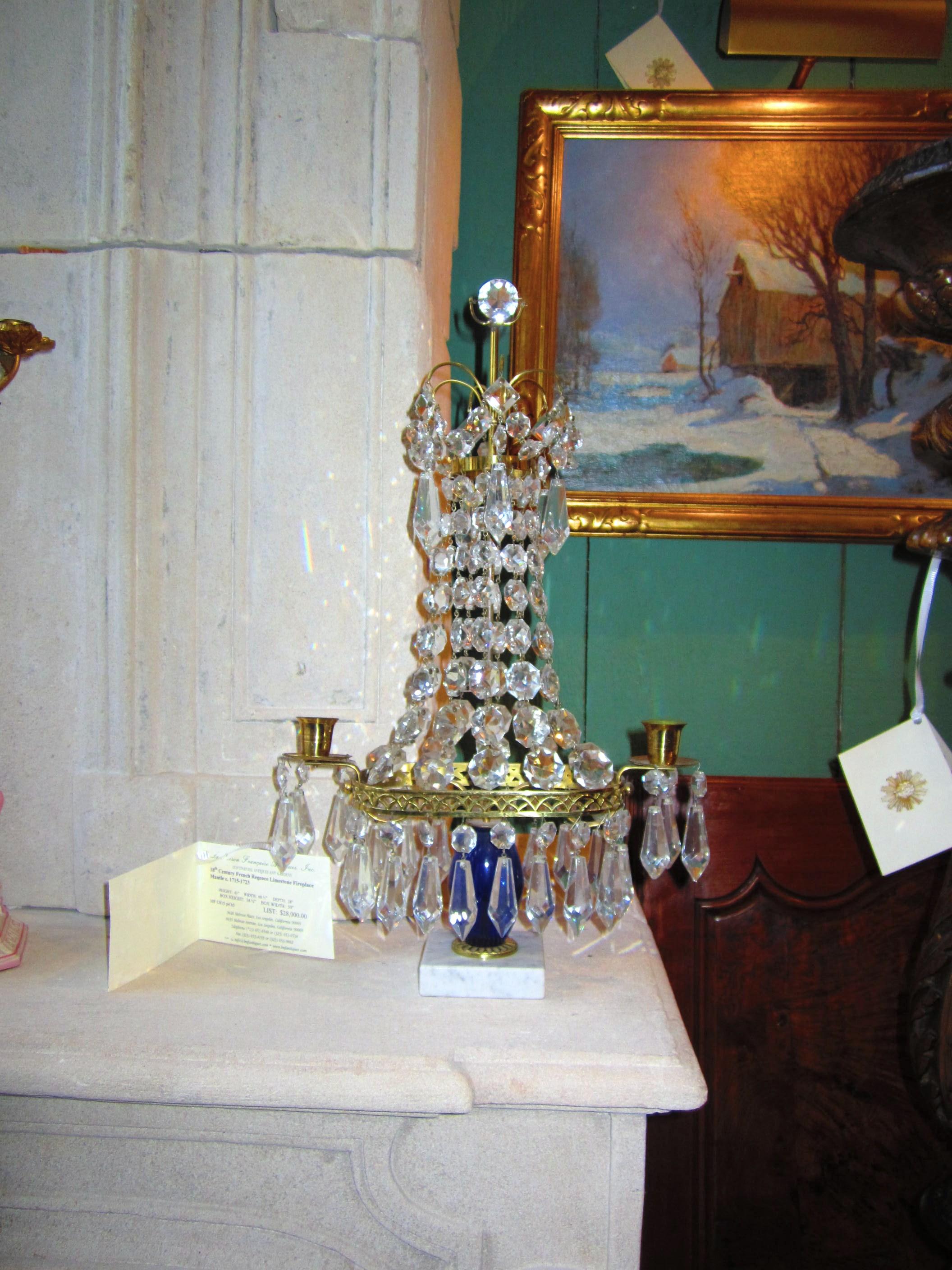 Crystal Cobalt Blue Glass & Gilt Bronze Light Candleholder Girandoles candelabra For Sale 13