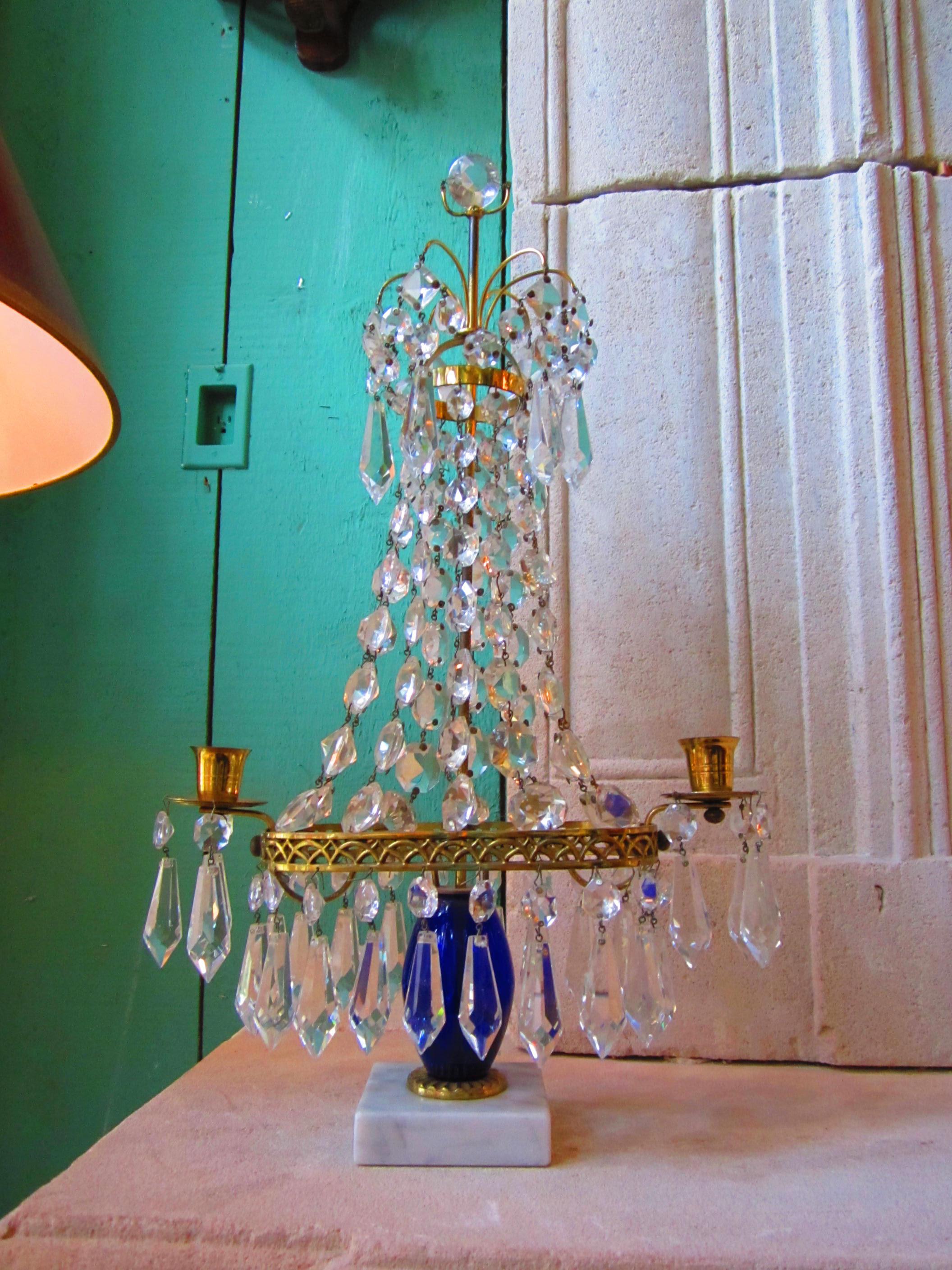 Crystal Cobalt Blue Glass & Gilt Bronze Light Candleholder Girandoles candelabra For Sale 2
