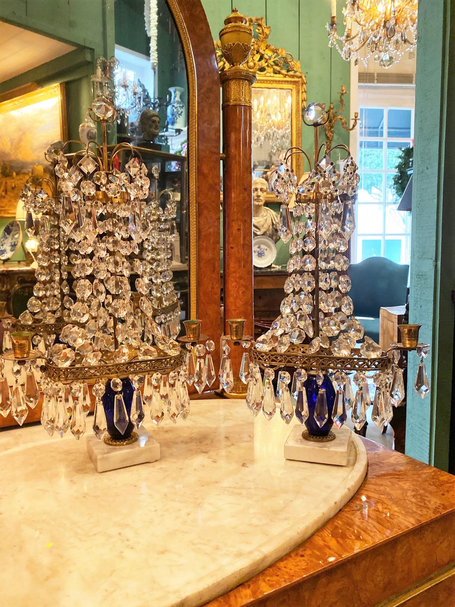 Crystal Cobalt Blue Glass & Gilt Bronze Light Candleholder Girandoles candelabra In Good Condition For Sale In West Hollywood, CA