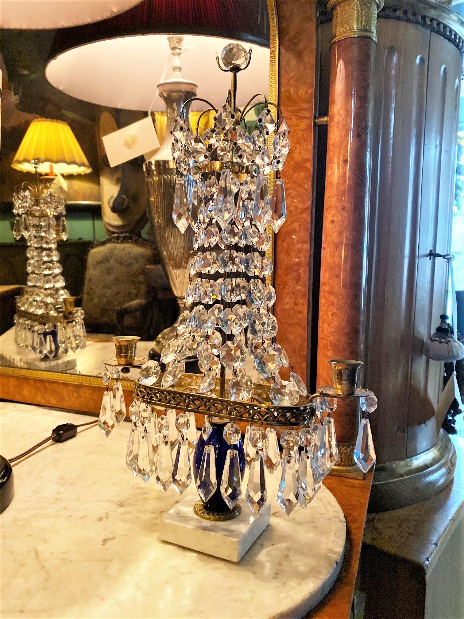 Crystal Cobalt Blue Glass & Gilt Bronze Light Candleholder Girandoles candelabra For Sale 5
