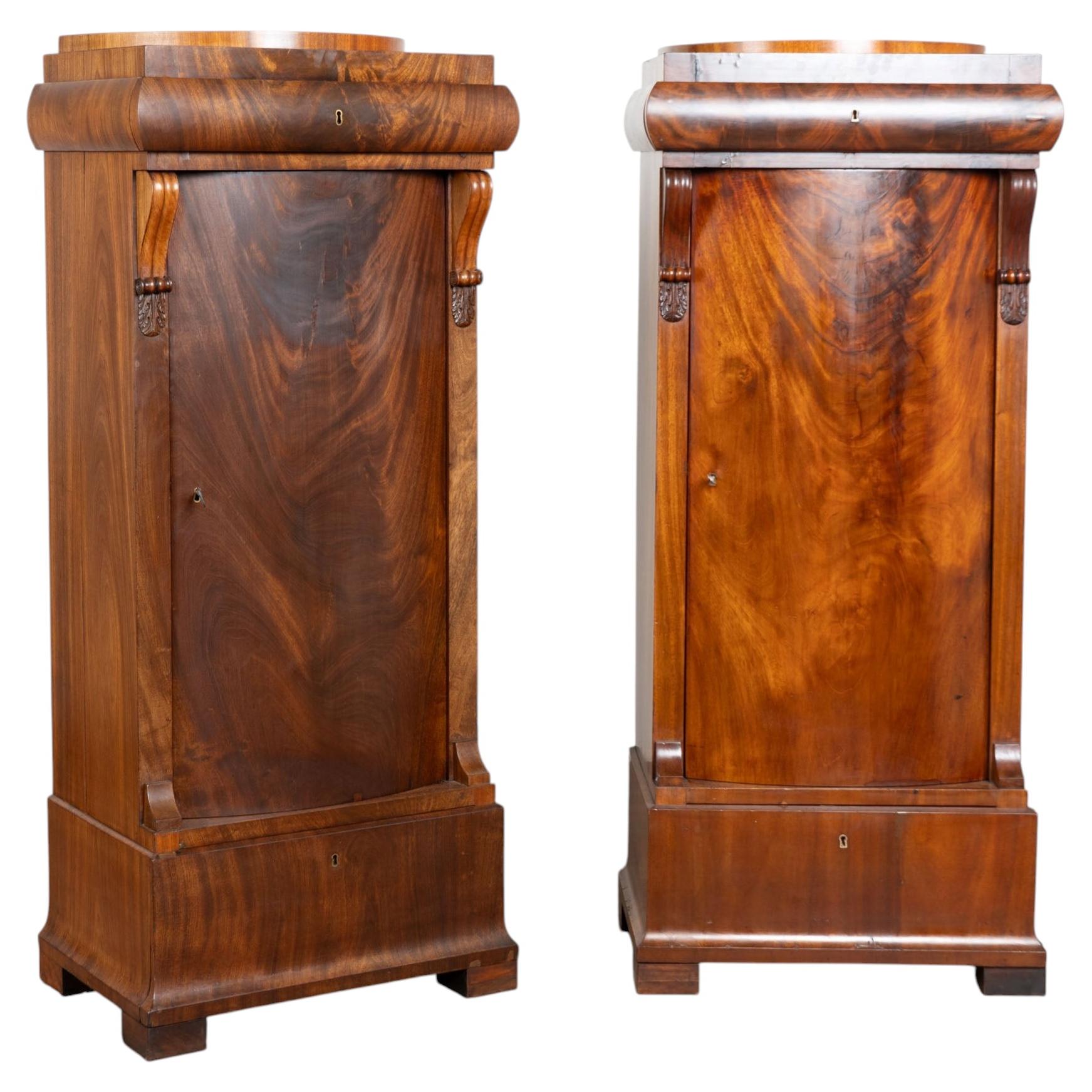 Pair 19th C. Danish Biedermeier Mahogany Column Cabinets with Bowfront Doors