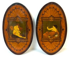 Pair 19th C. English Aesthetic Movement /Pre-Raphaelite Marquetry Muse Plaques