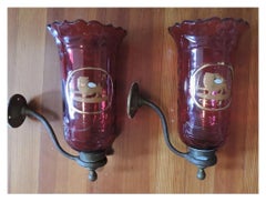 Pair 19th c. English Blown & Cut Ruby Glass Wall Sconces with Gilt Lion Crest