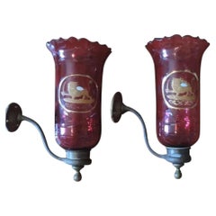Pair 19th c. English Blown & Cut Ruby Glass Wall Sconces with Gilt Lion Crest