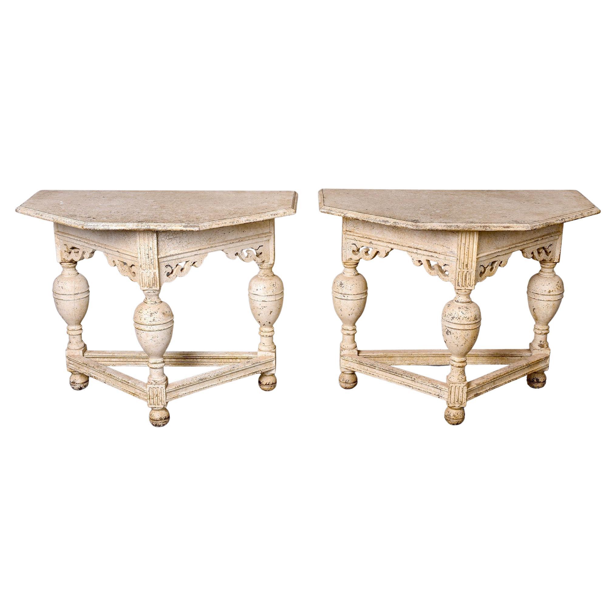 Pair 19th C English Carved and Painted Oak Console Tables