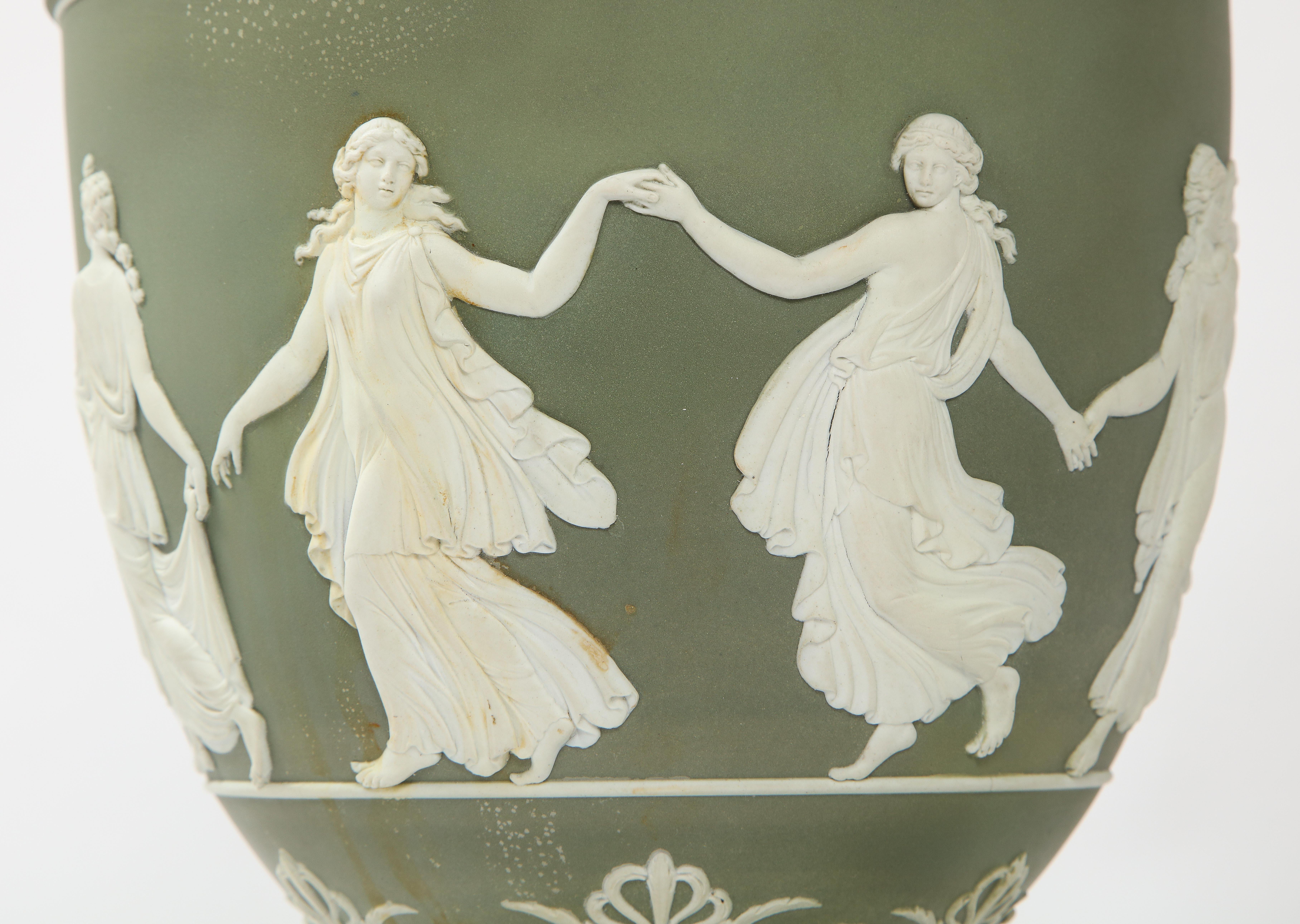 Pair 19th C English Neoclassical Style Olive Ground Covered Wedgwood Vases 4