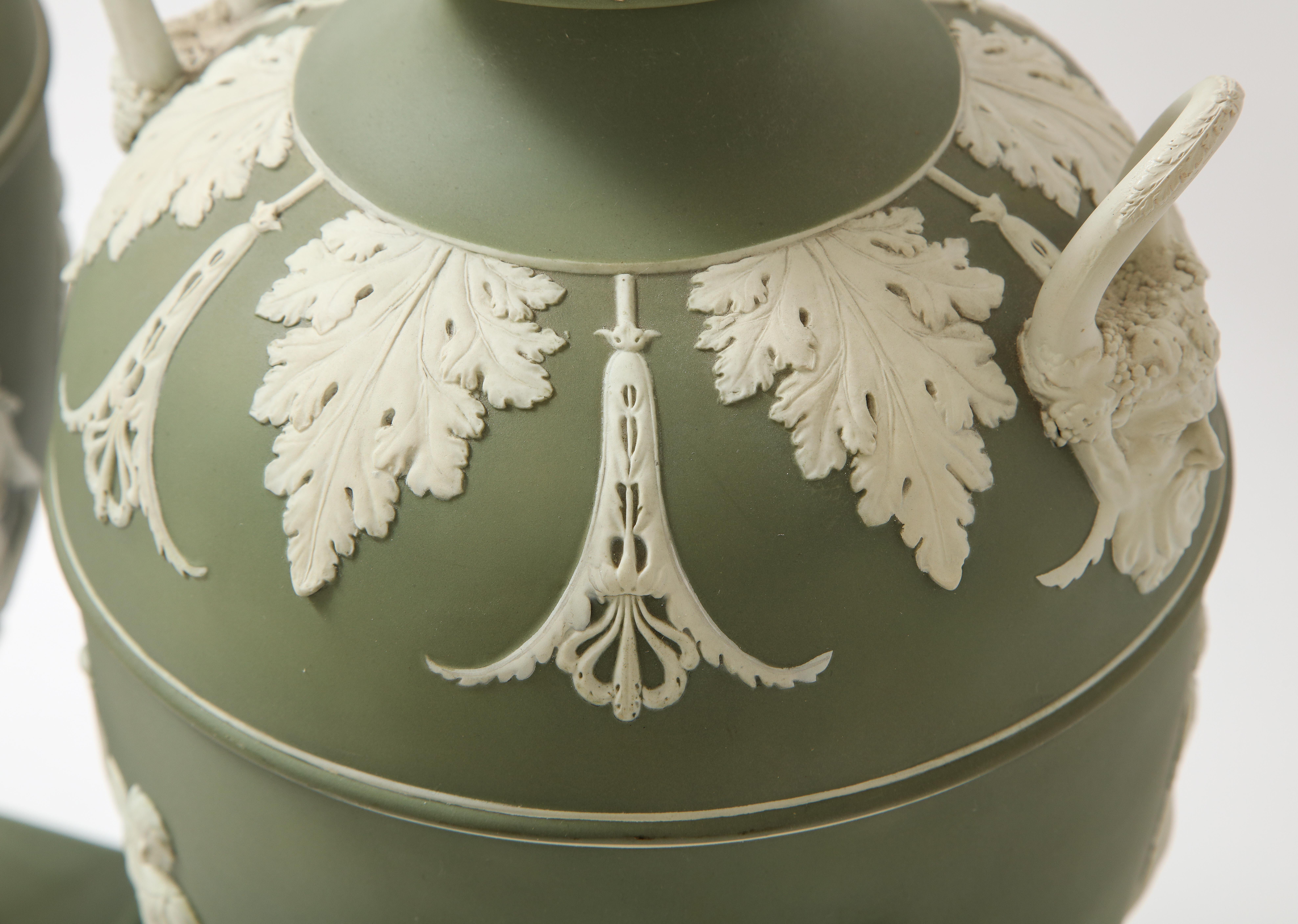 Pair 19th C English Neoclassical Style Olive Ground Covered Wedgwood Vases 5