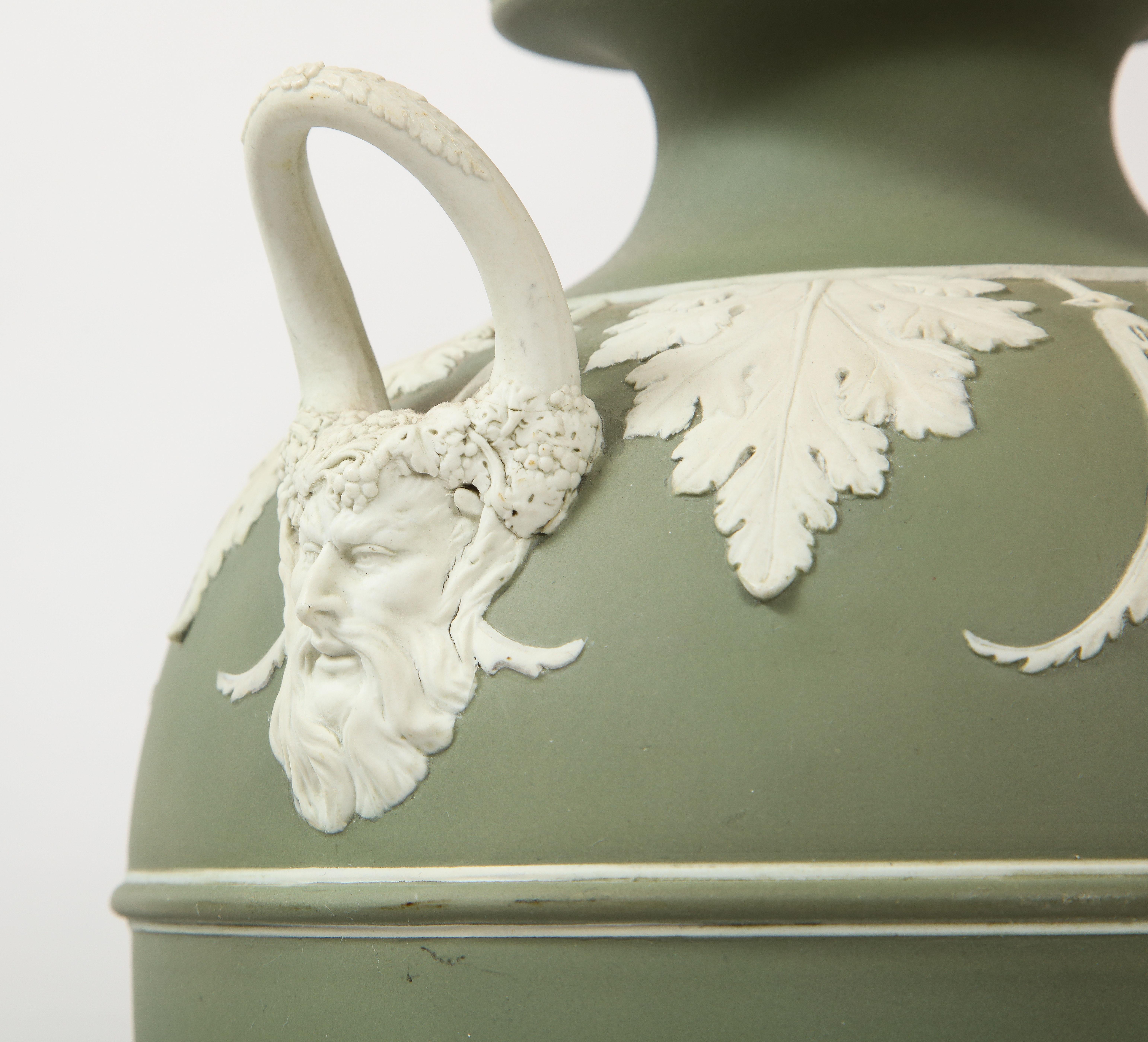 Pair 19th C English Neoclassical Style Olive Ground Covered Wedgwood Vases 6