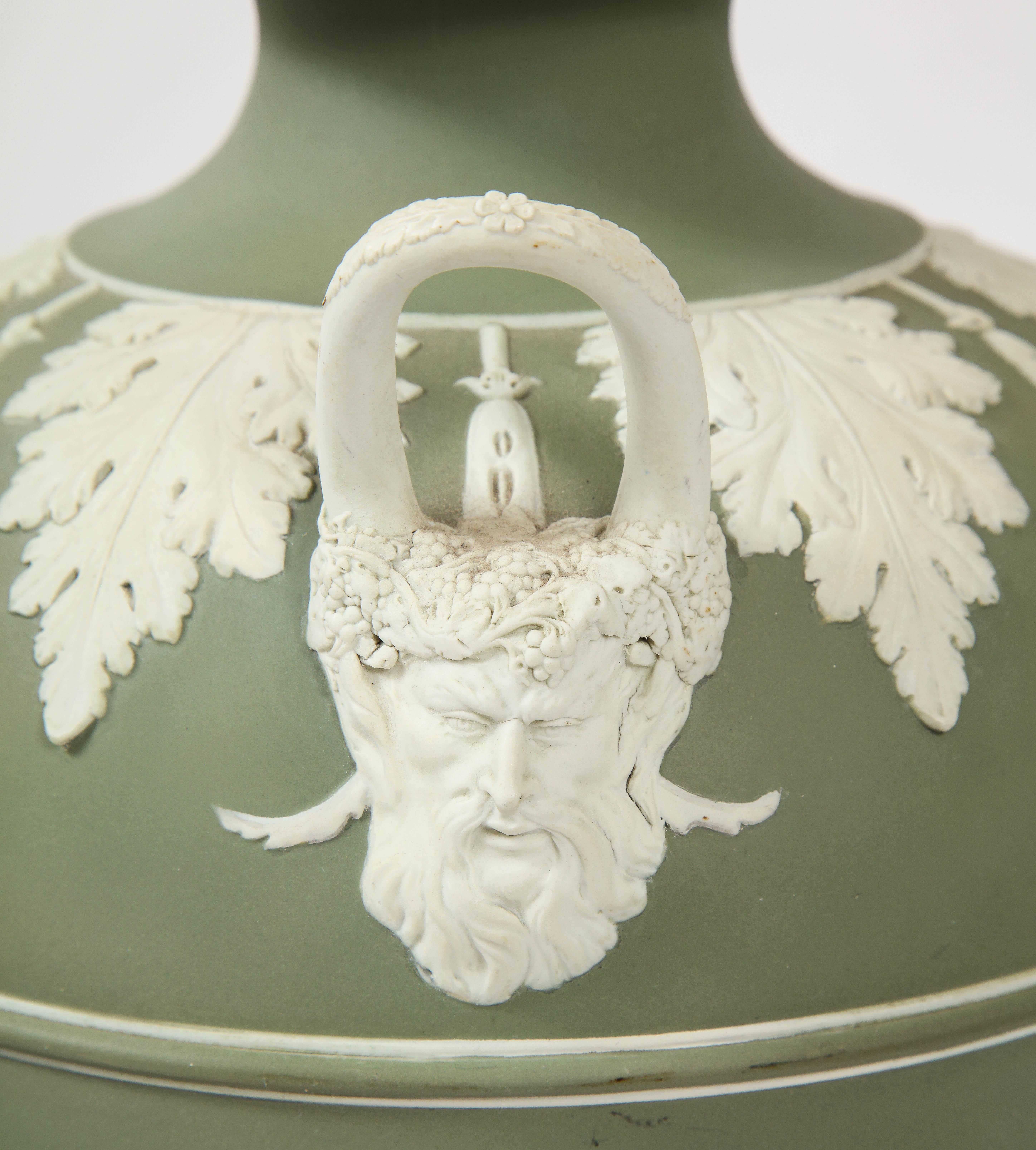 Pair 19th C English Neoclassical Style Olive Ground Covered Wedgwood Vases 8