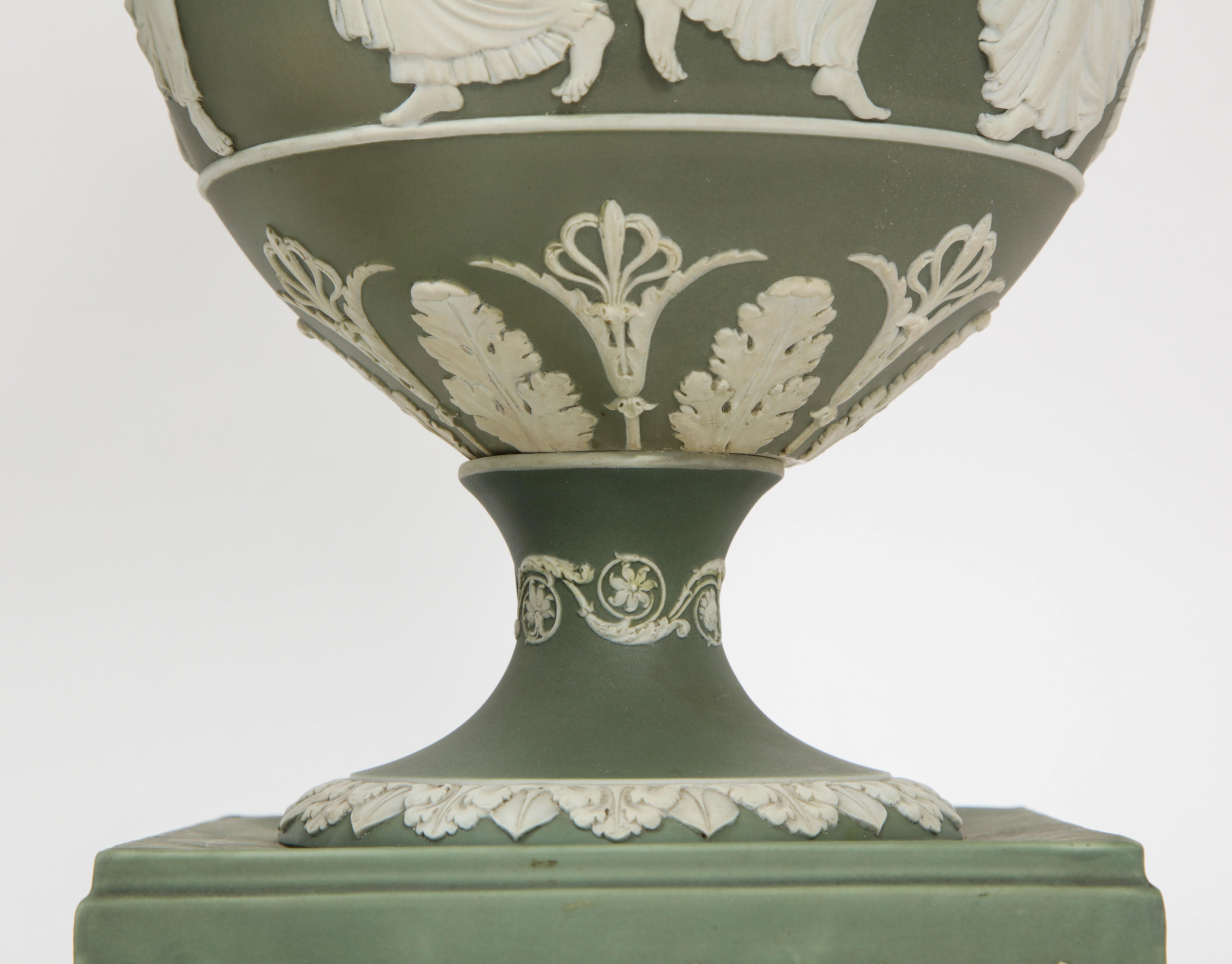 Pair 19th C English Neoclassical Style Olive Ground Covered Wedgwood Vases 9