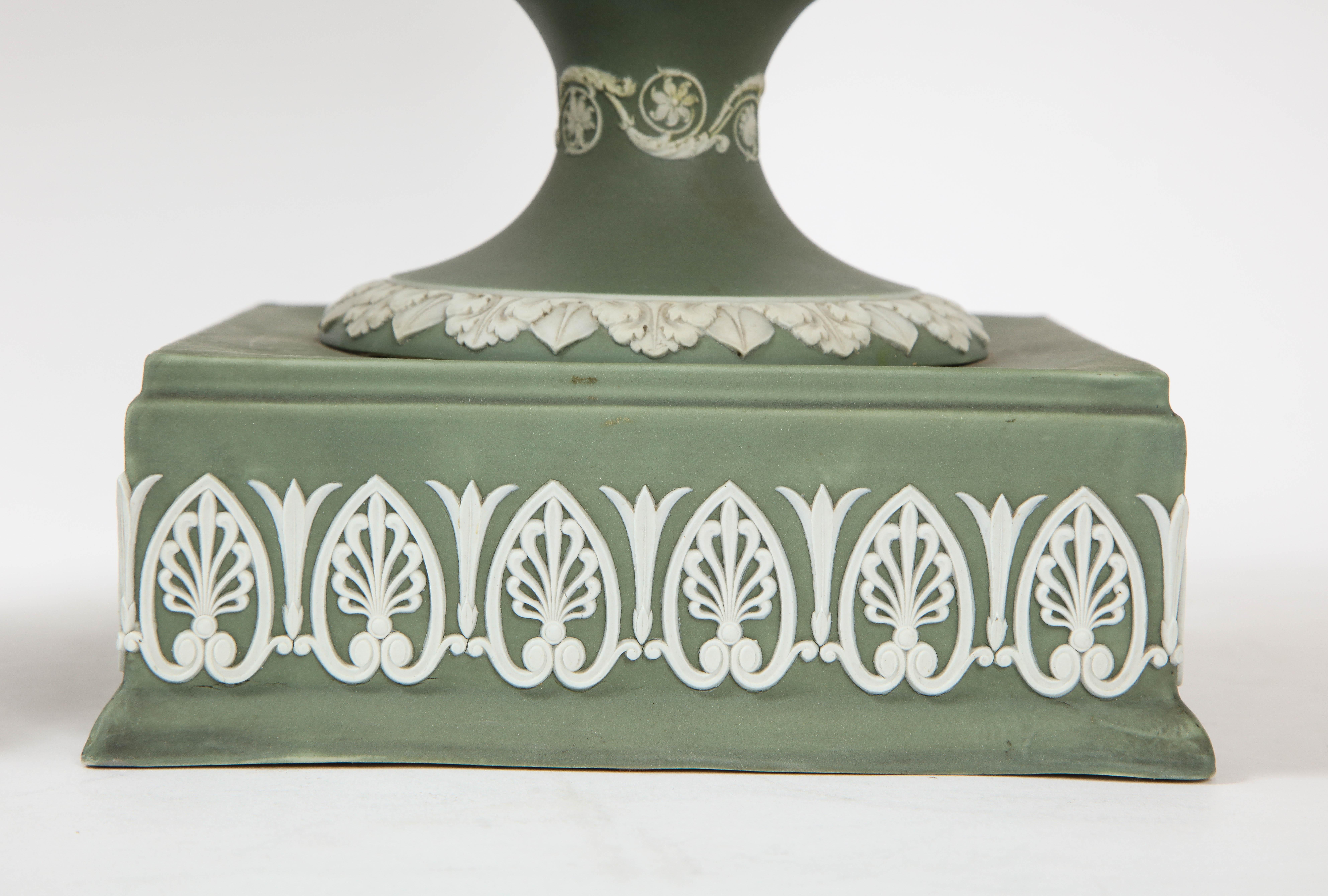 Pair 19th C English Neoclassical Style Olive Ground Covered Wedgwood Vases 11
