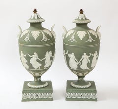 Pair 19th C English Neoclassical Style Olive Ground Covered Wedgwood Vases