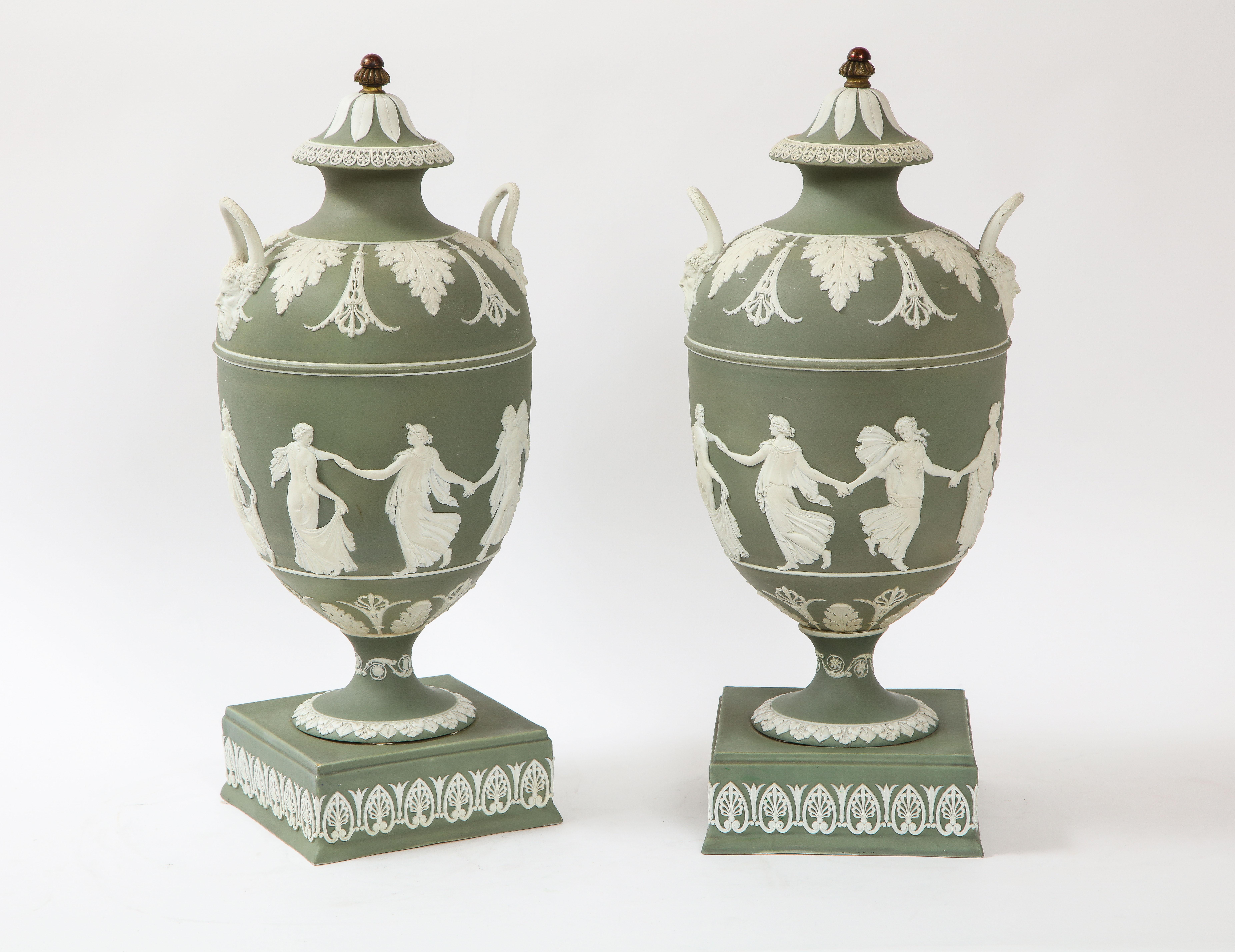 Hand-Carved Pair 19th C English Neoclassical Style Olive Ground Covered Wedgwood Vases